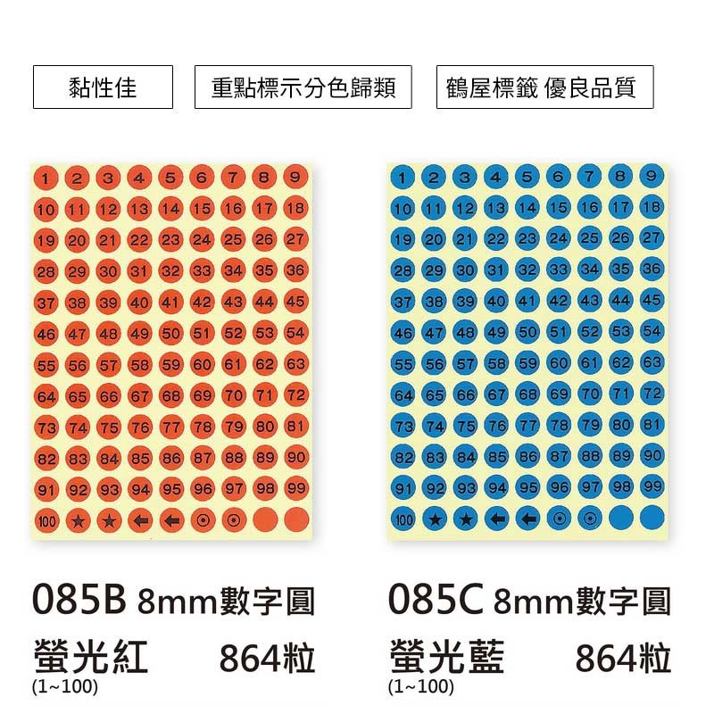 鶴屋 數字圓形標籤1-100-8色 864粒/包 直徑Φ8mm【085】