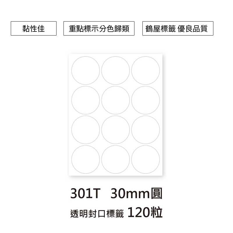 鶴屋 圓形標籤-透明 120粒/包 直徑Φ30mm【301T】