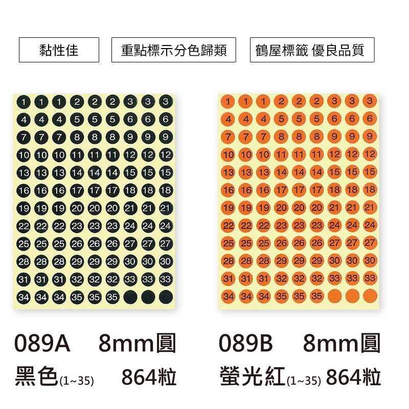 鶴屋 數字圓形標籤1~35號-10色 864粒/包 直徑Φ8mm【089】