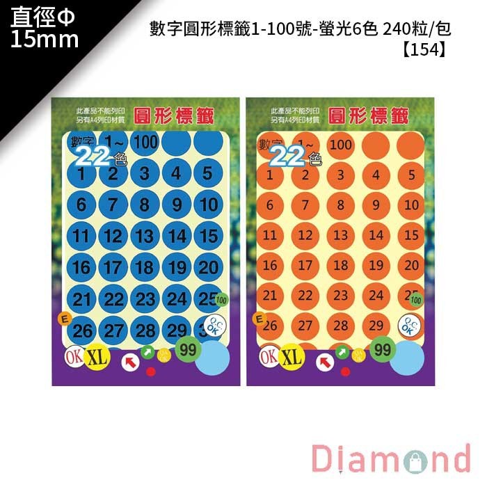 鶴屋 數字圓形標籤1-100號-螢光6色 240粒/包 直徑Φ15mm【154】