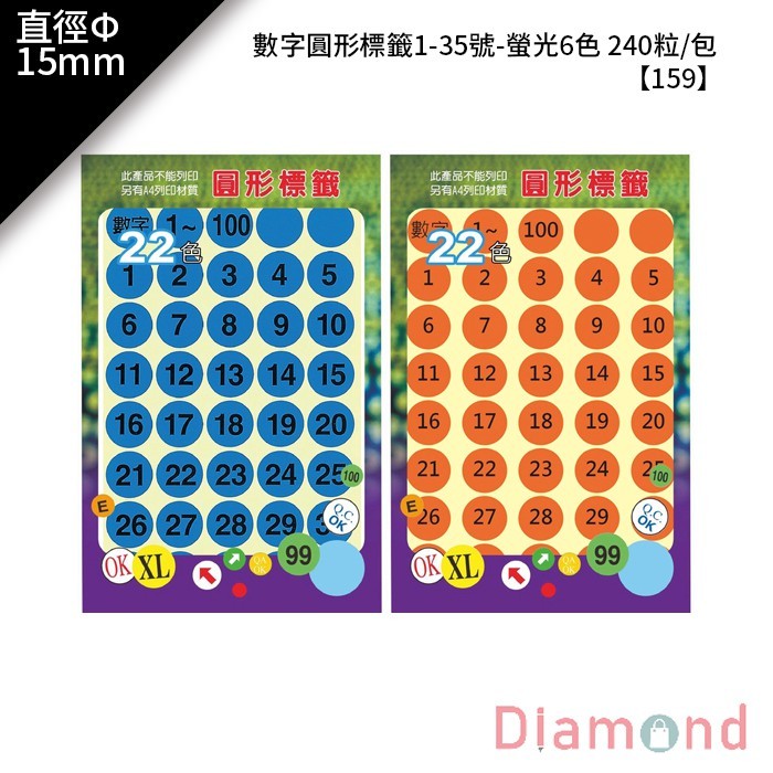 鶴屋 數字圓形標籤1-35號-螢光6色 240粒/包 直徑Φ15mm【159】