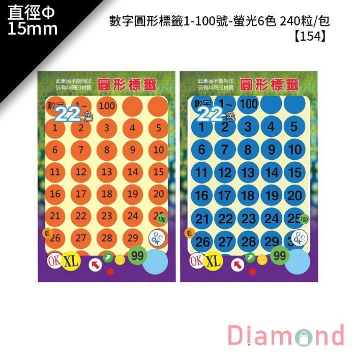 鶴屋 數字圓形標籤1-100號-螢光6色 240粒/包 直徑Φ15mm【154】
