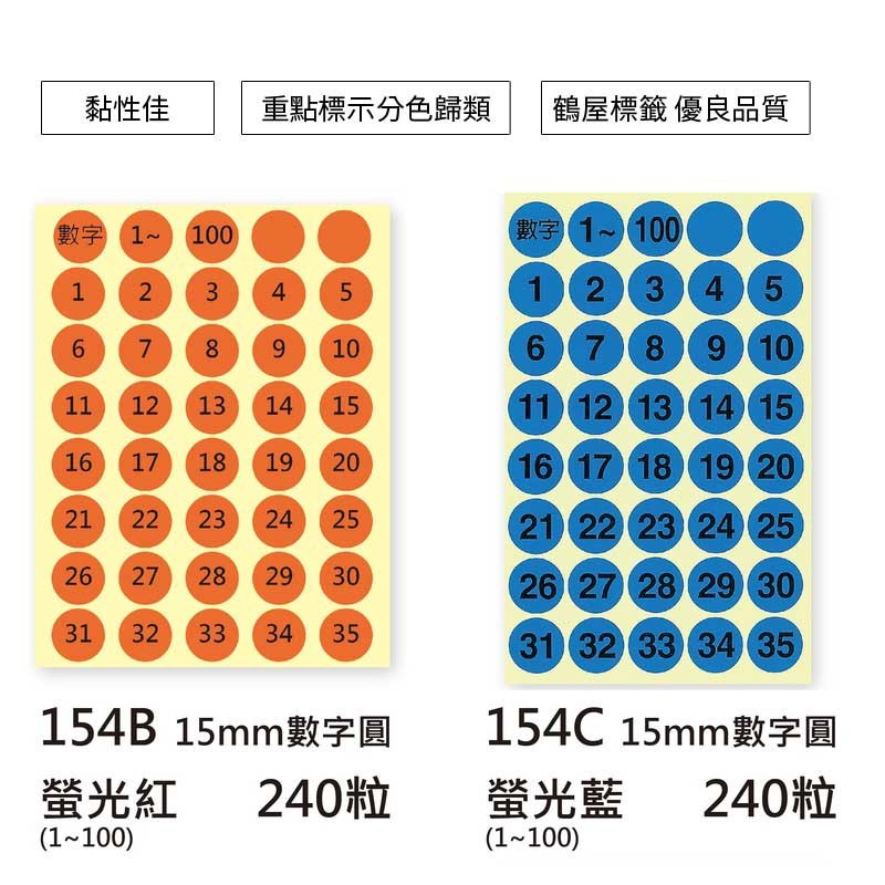 鶴屋 數字圓形標籤1-100號-螢光6色 240粒/包 直徑Φ15mm【154】