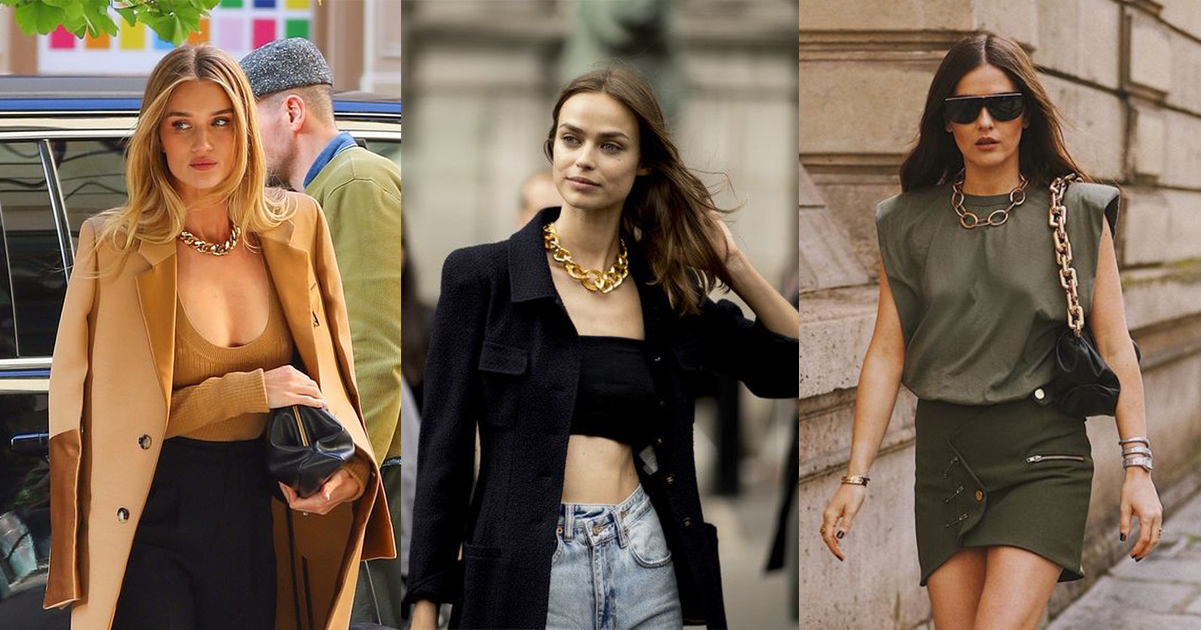 金屬鍊條型項鍊搭配素色上衣，散發出隨性街頭風，立刻搶眼又時髦！