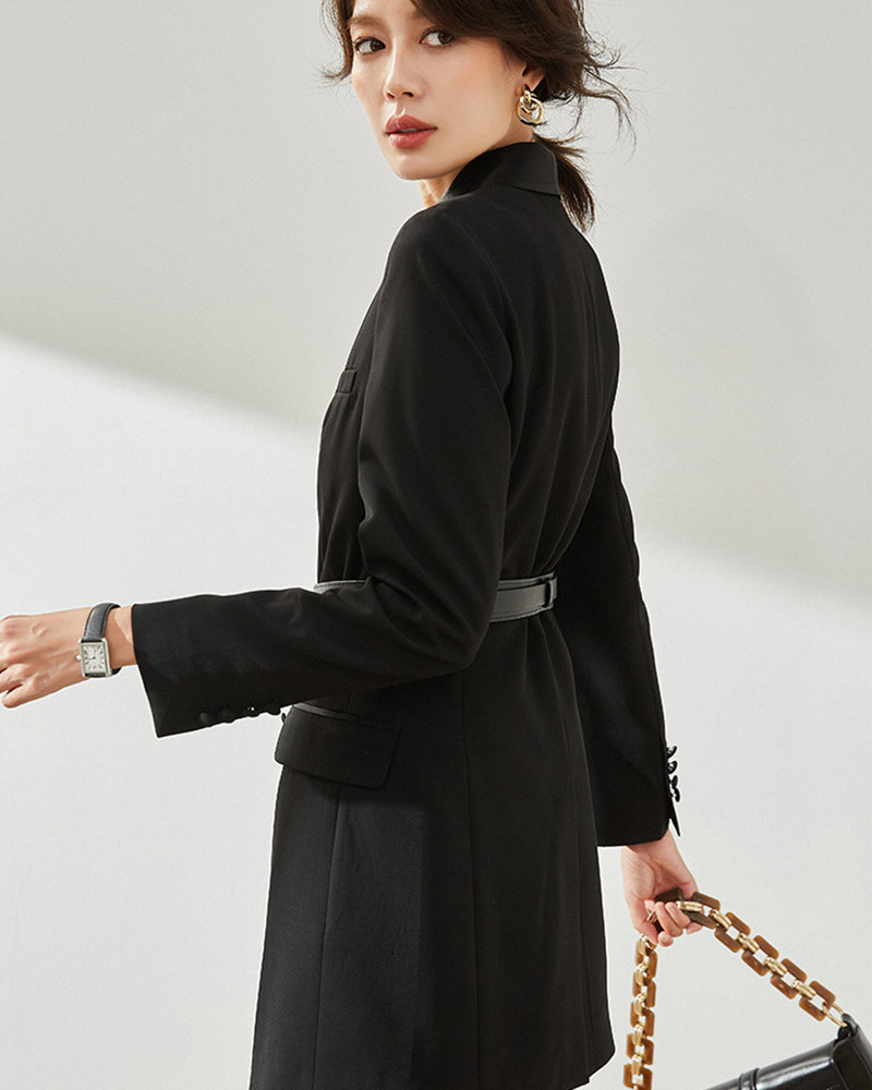 DEER.W 青果領緞面拼接西裝外套 黑色