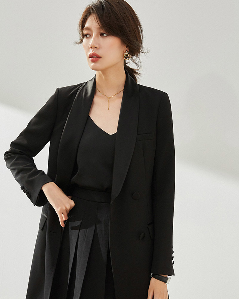 DEER.W 青果領緞面拼接西裝外套 黑色