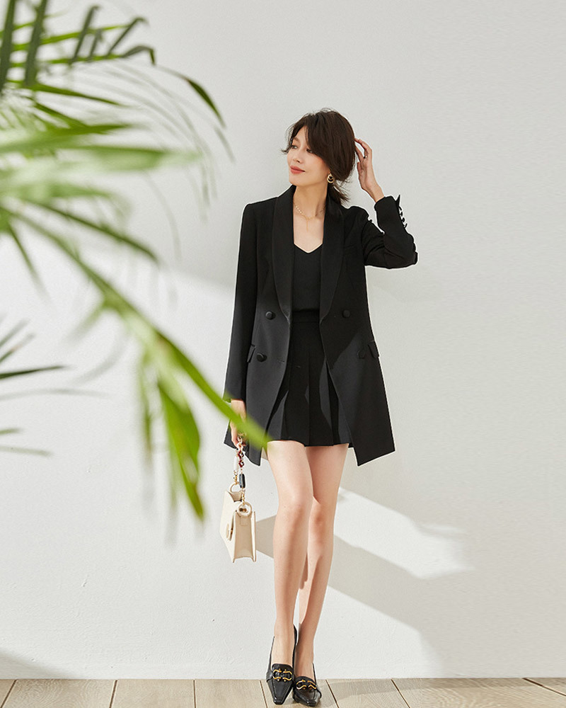 DEER.W 青果領緞面拼接西裝外套 黑色