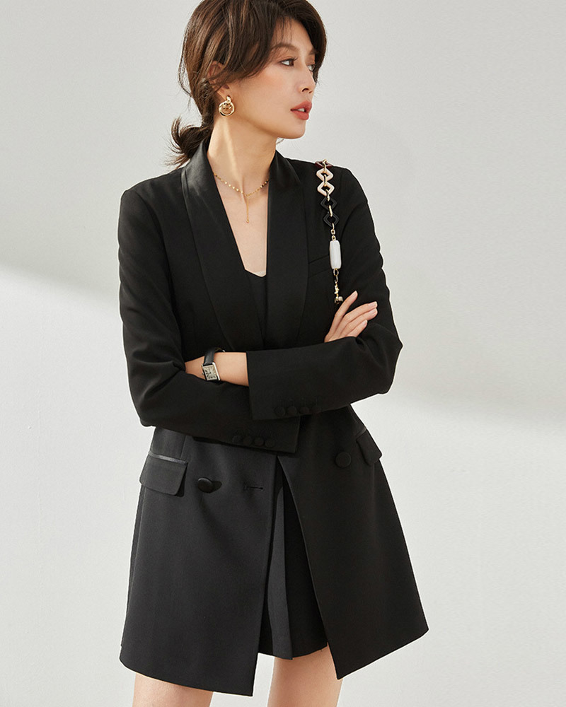 DEER.W 青果領緞面拼接西裝外套 黑色