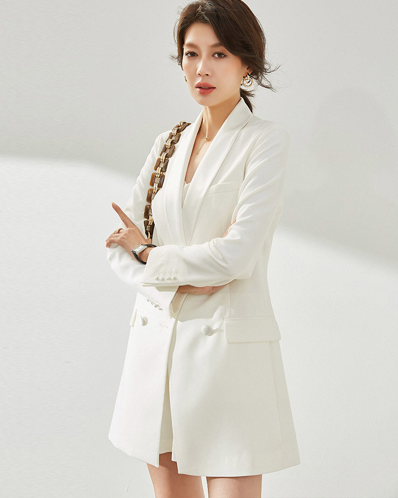 DEER.W 青果領緞面拼接西裝外套 白色