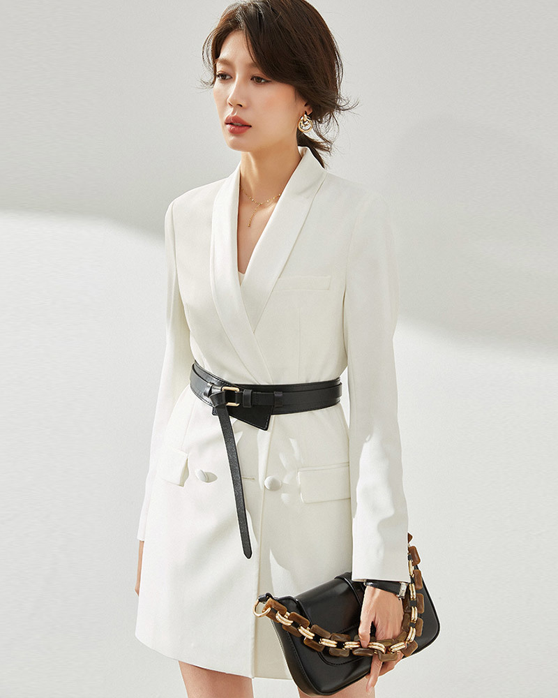 DEER.W 青果領緞面拼接西裝外套 白色