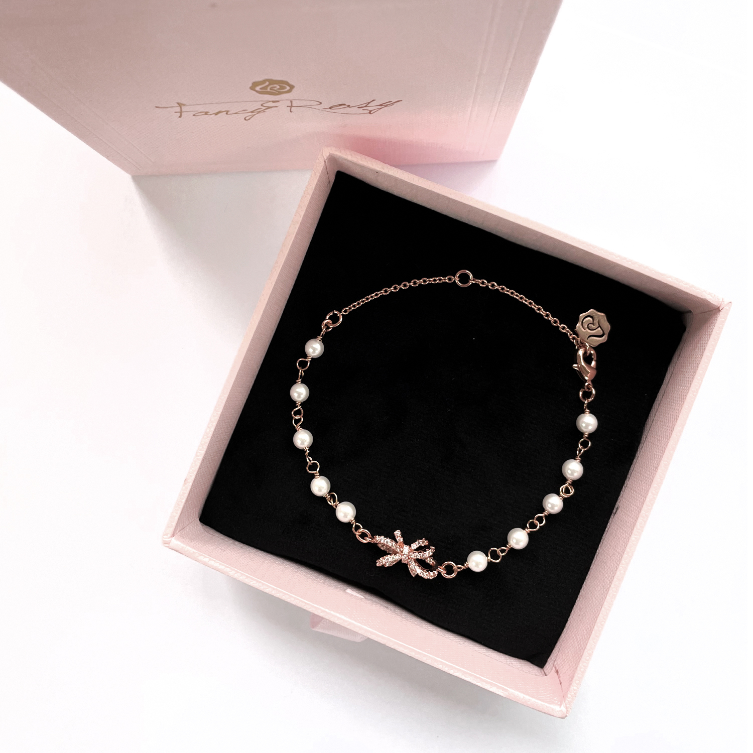 Pearl Crystal Bow Bracelet (Rose Gold)