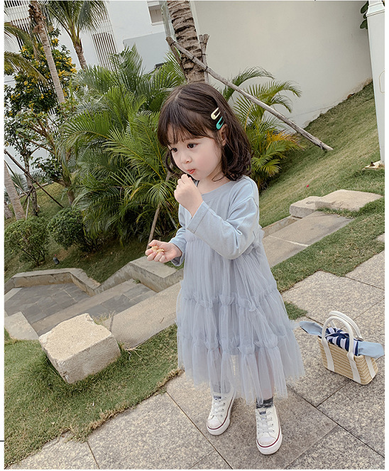 字母長版上衣拼接紗裙洋裝 淺藍 90-130cm