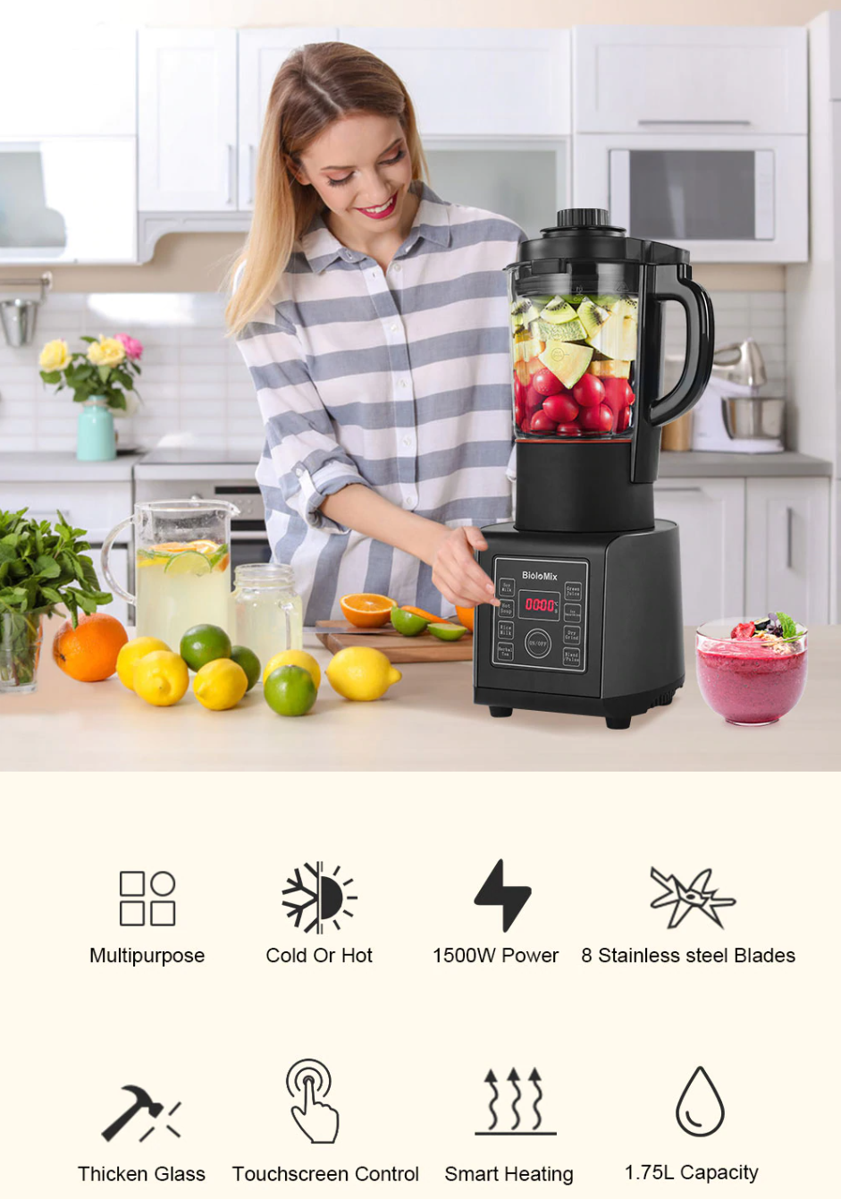 美國品牌 BioloMix 大功率多功能加熱破壁機(碎冰機+榨汁機+攪拌機+營養研磨機+豆漿機+熱湯機)
