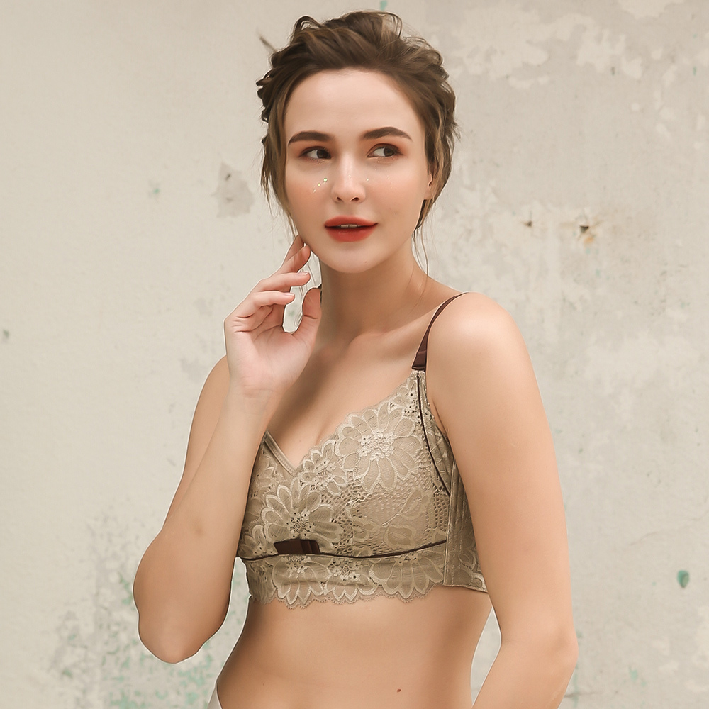 Olivia【舒冉系列-櫻花】無鋼圈薄棉蕾絲大尺碼顯瘦全包覆內衣-綠咖色 (75D ~ 95E)