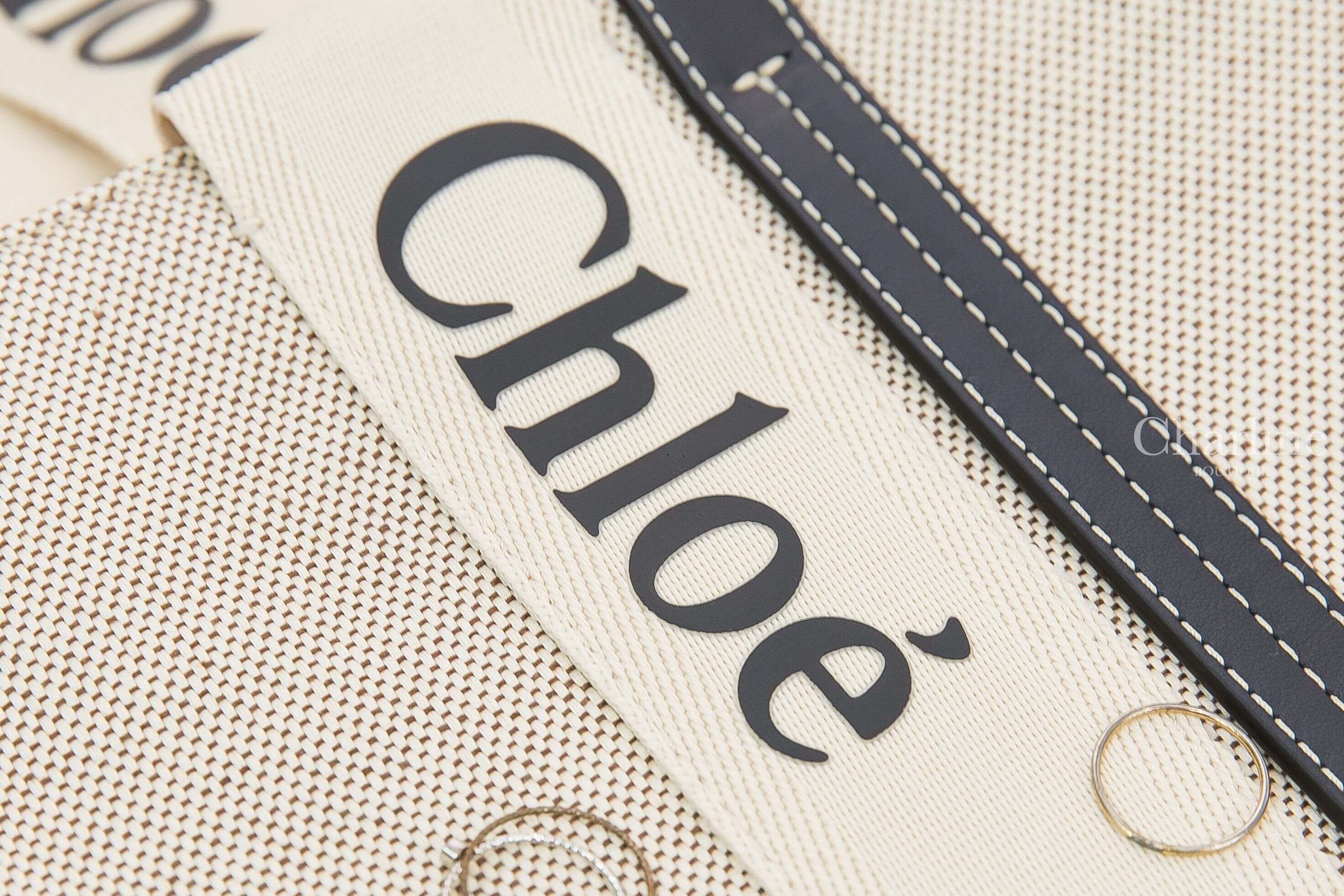 Chloe Medium Woody Tote Bag 米白色帆布拼藍色皮革黑Logo中型提把托特包