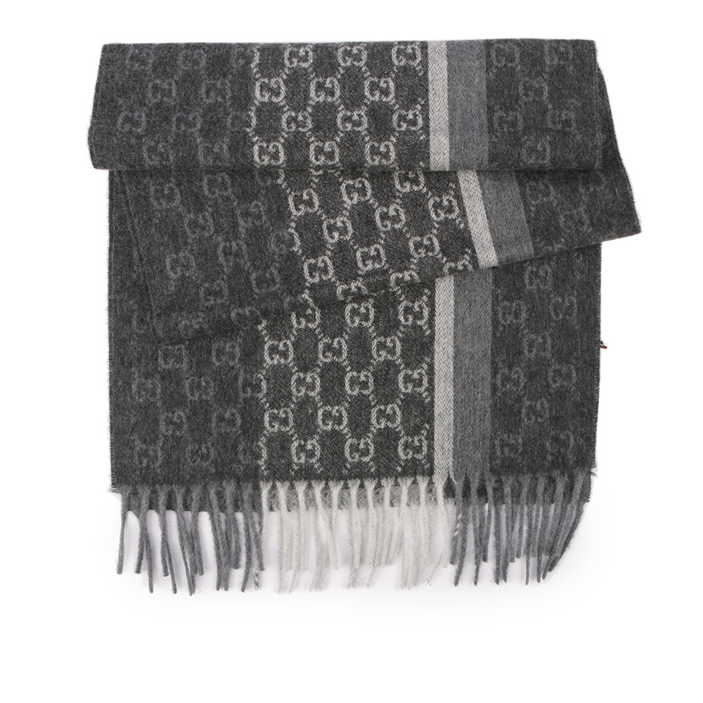 【GUCCI】GG Logo 深淺灰條紋羊毛圍巾