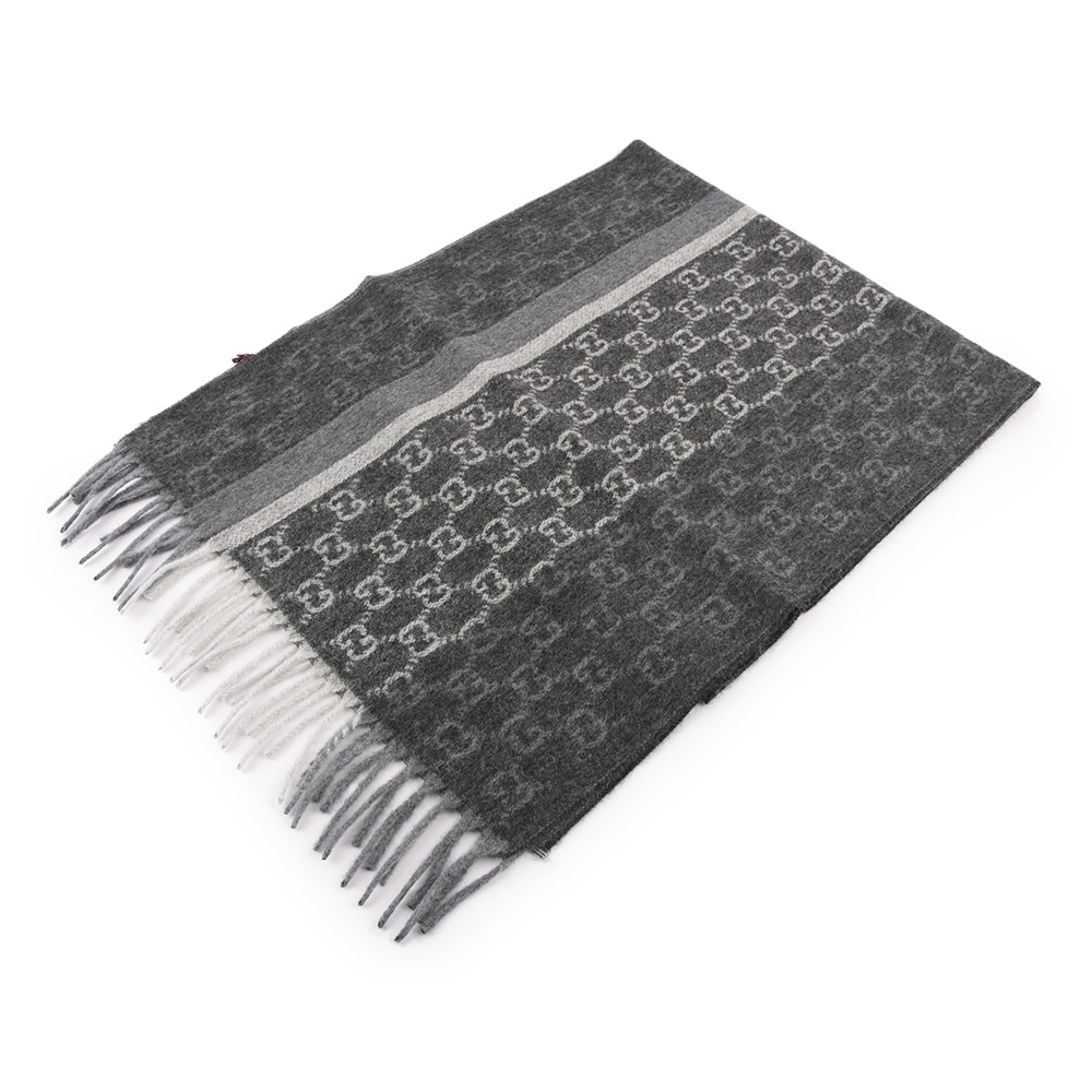 【GUCCI】GG Logo 深淺灰條紋羊毛圍巾