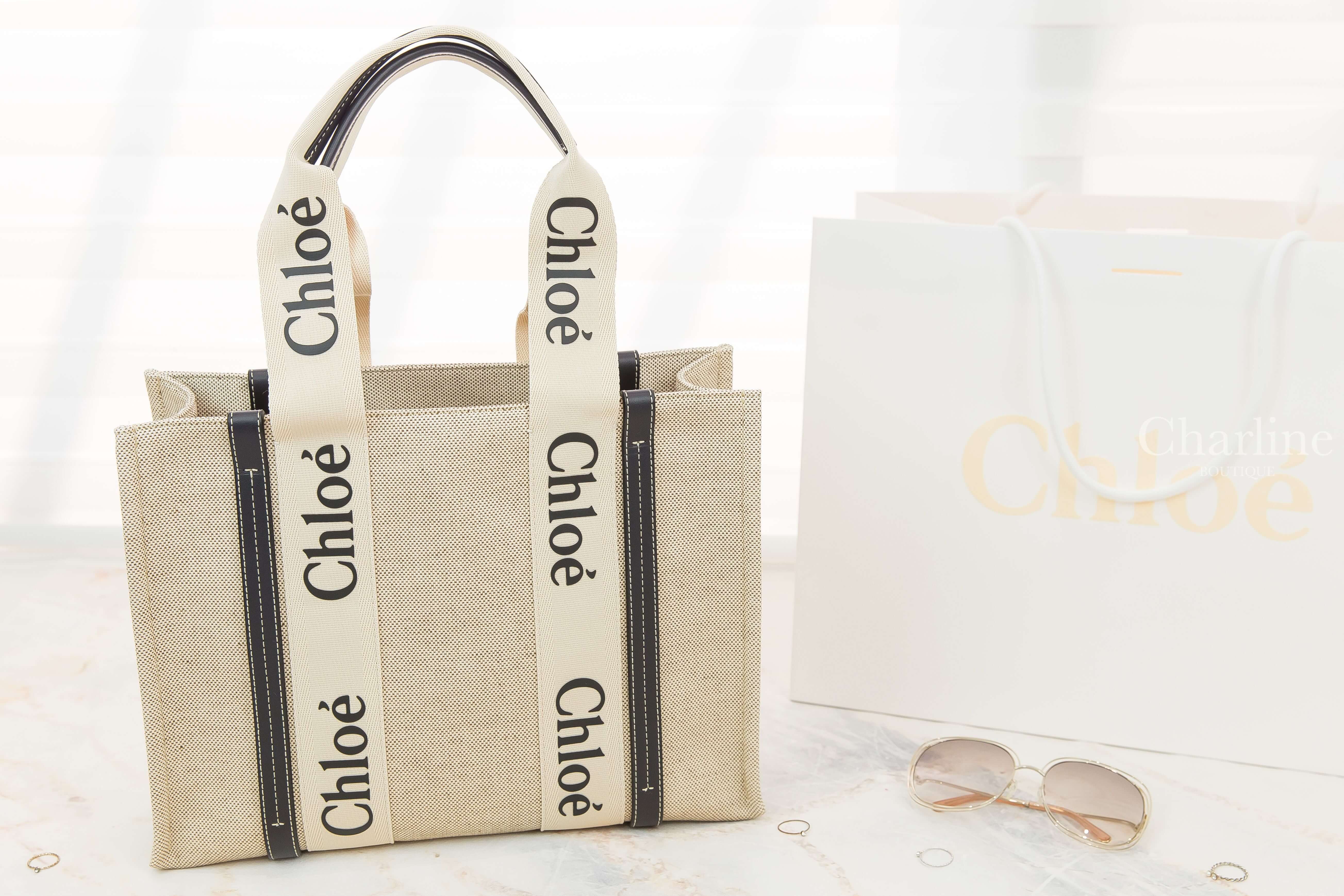 Chloe Medium Woody Tote Bag 米白色帆布拼藍色皮革黑Logo中型提把托特包