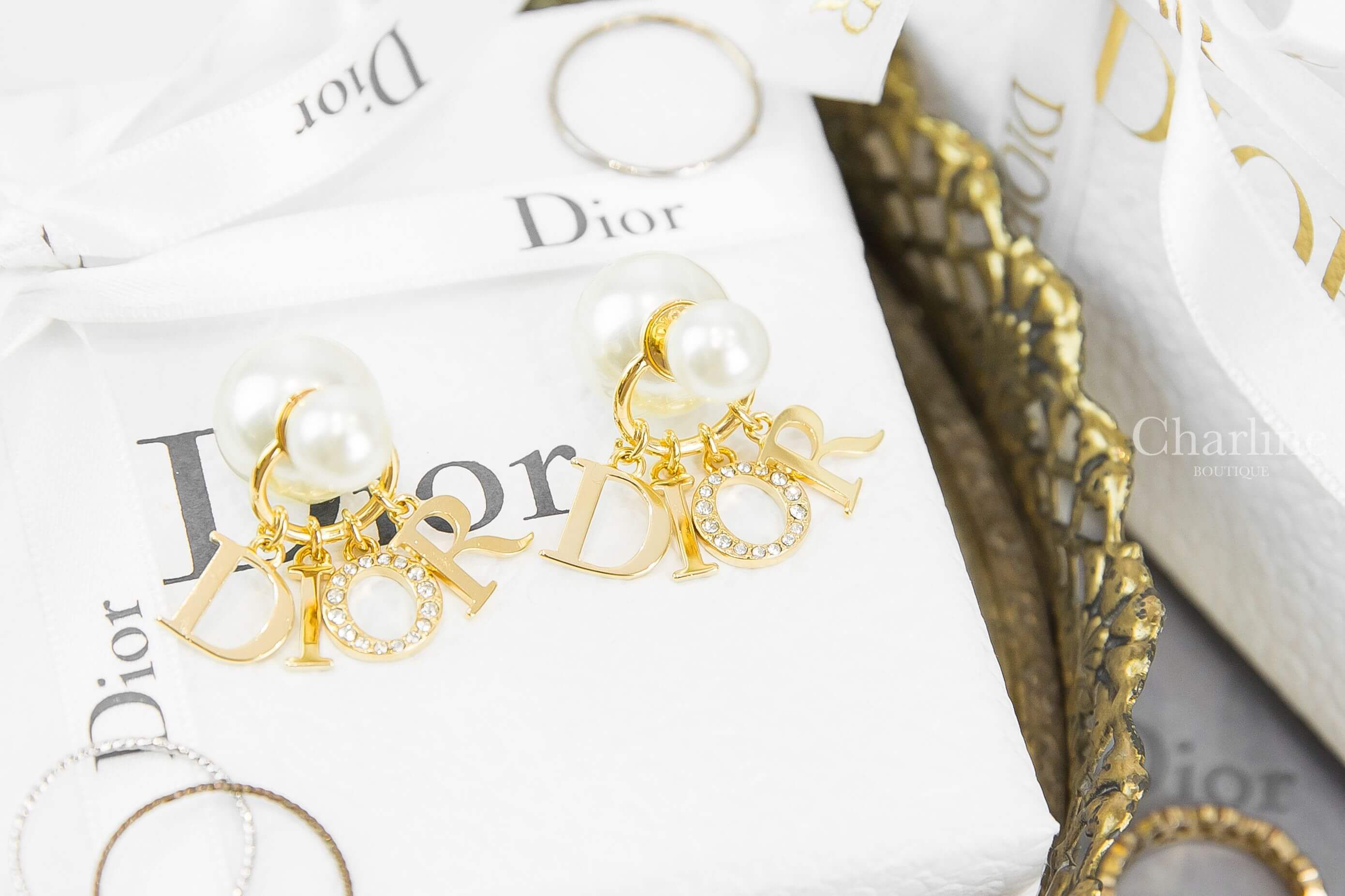 Dior Tribales Earrings 白色大小珍珠金色Dior字母水鑽O垂墜耳環