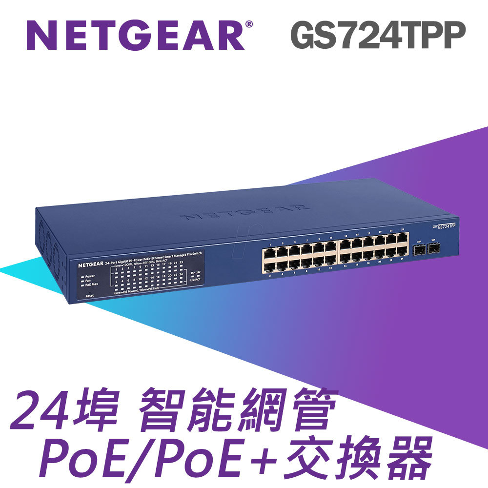 NETGEAR GS724TPP 2埠光纖+ 24埠Gigabit PoE+ 智能網管交換器總PoE瓦數