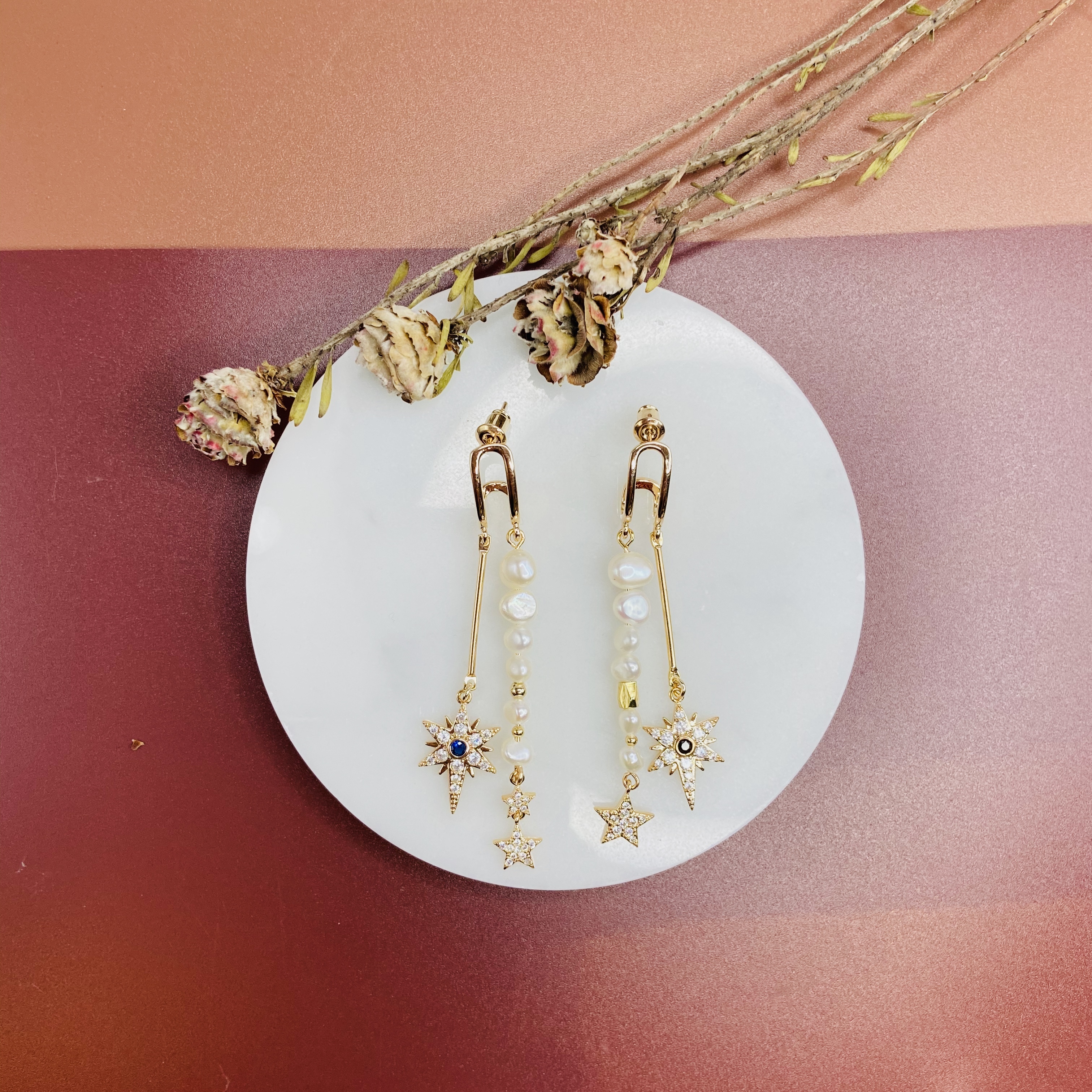 COLE COOL高雅雙線不對稱星星珍珠耳環