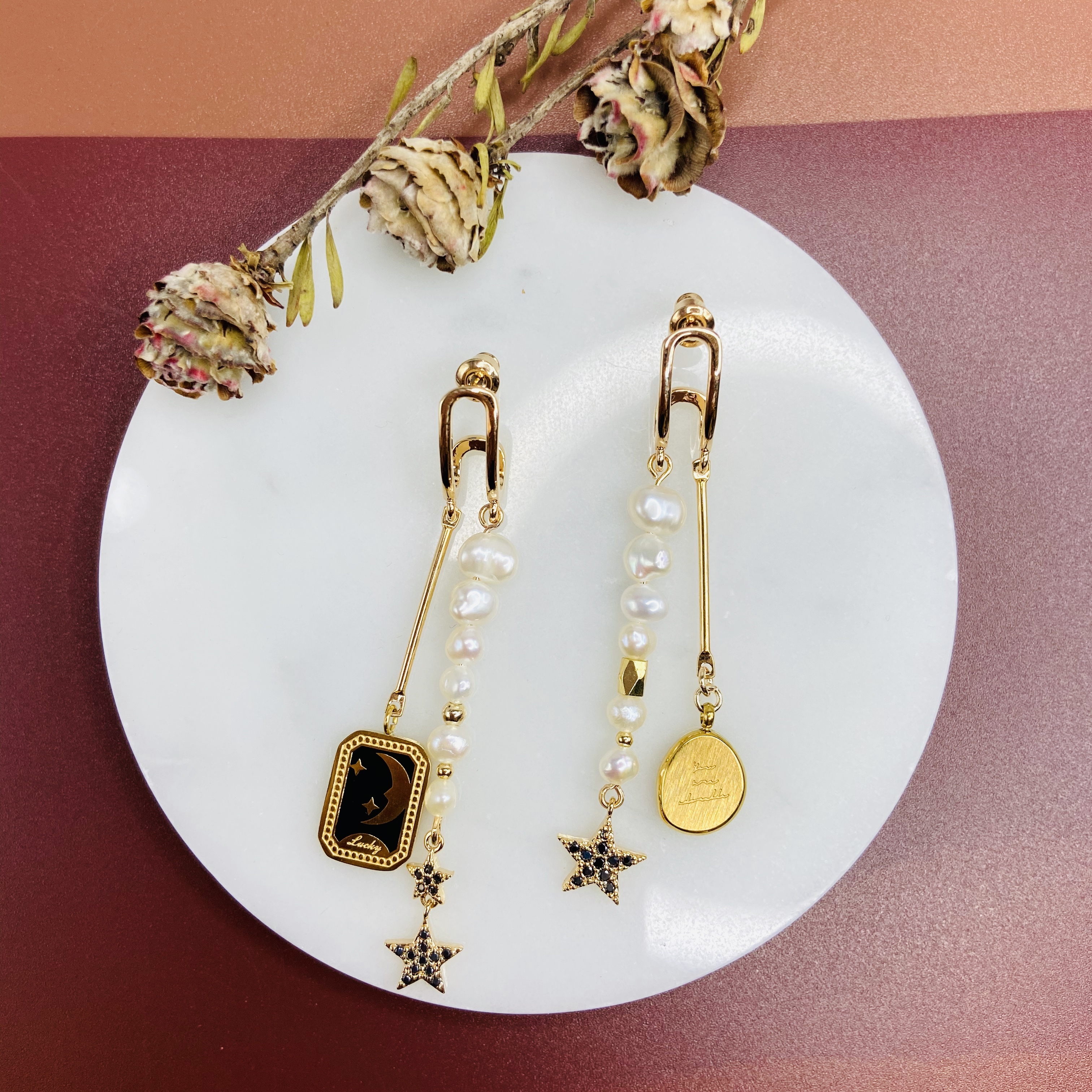 COLE COOL高雅雙線不對稱星星月亮珍珠耳環