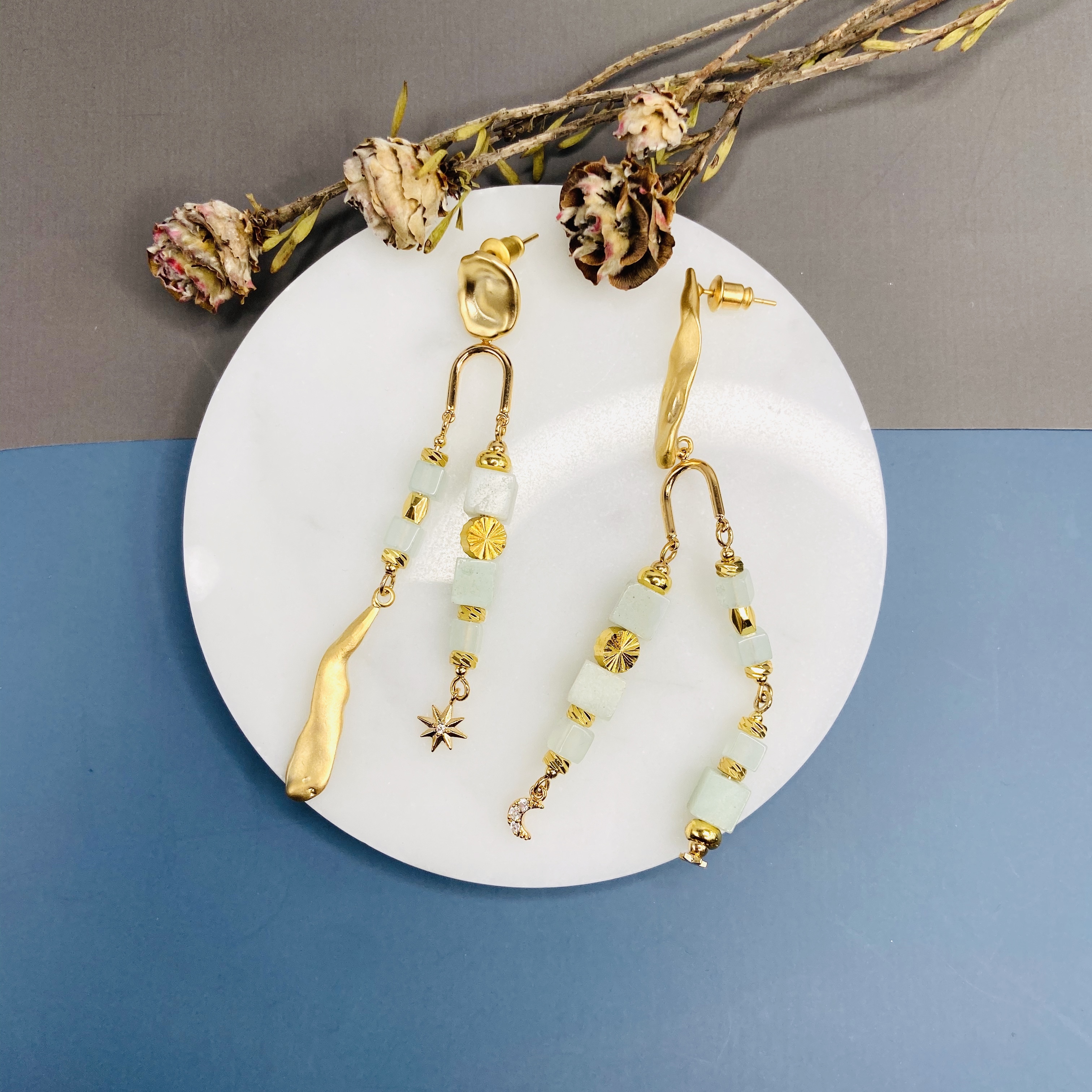 COLE COOL型格雙線不對稱天然石耳環