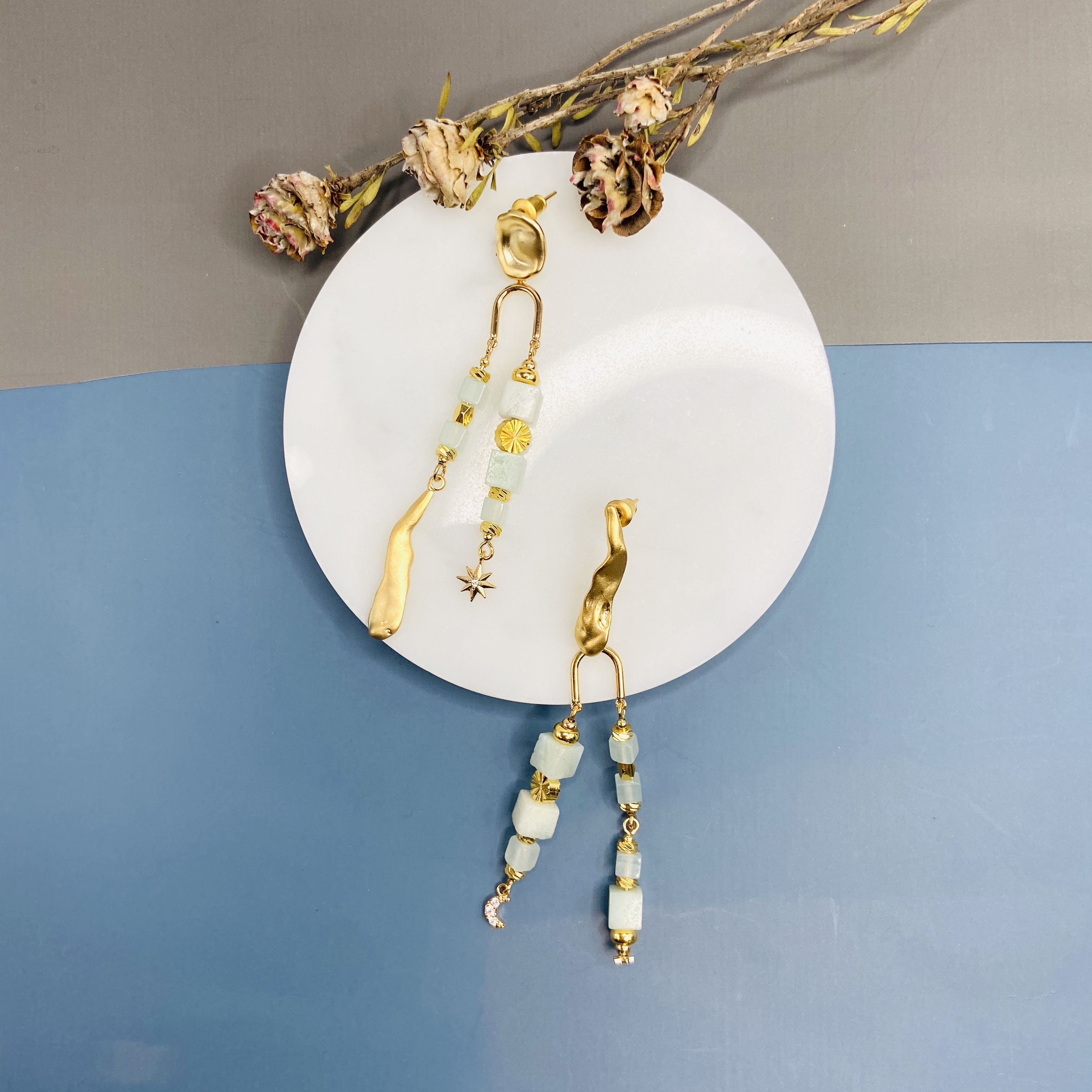 COLE COOL型格雙線不對稱天然石耳環