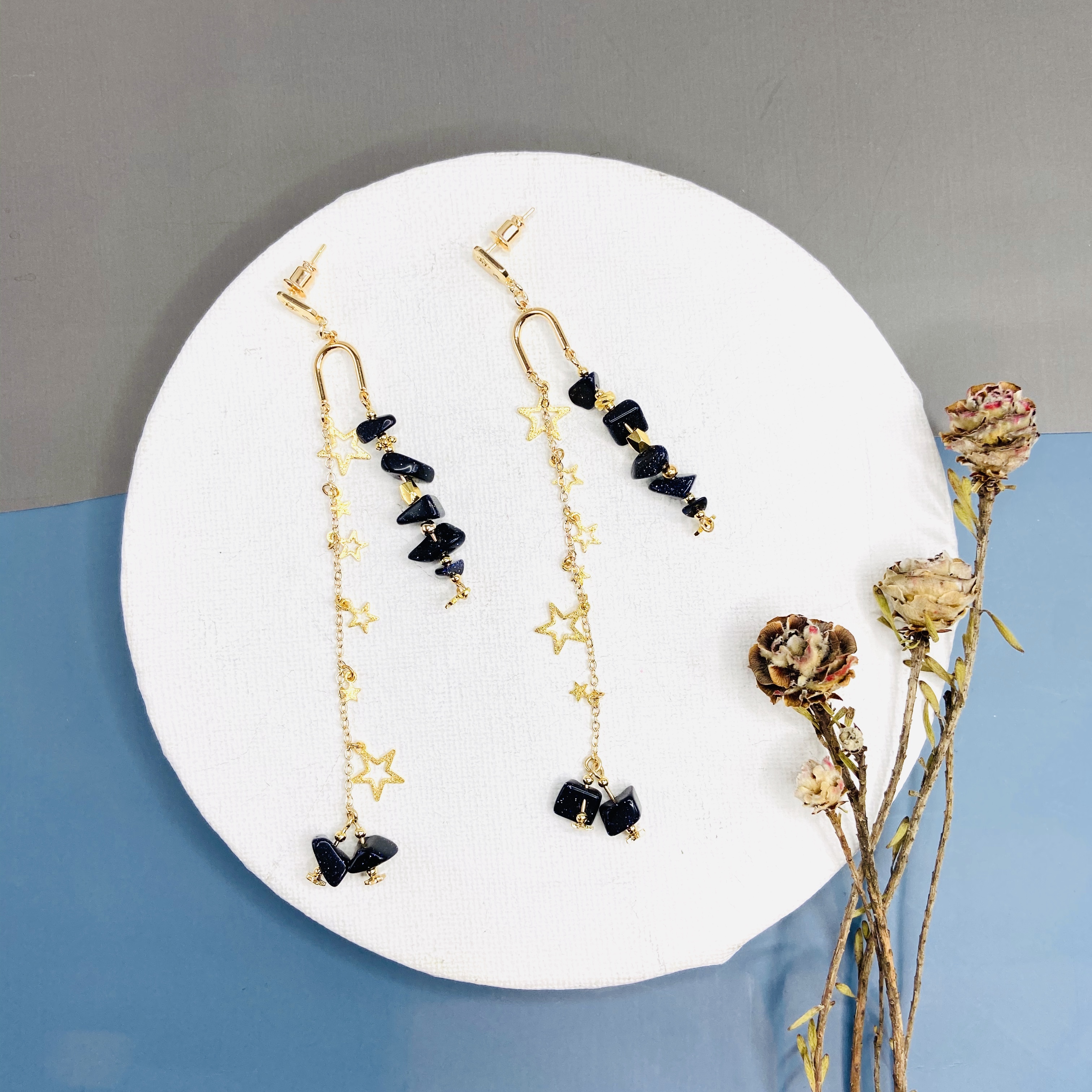 COLE COOL型格雙線不對稱藍砂石石耳環