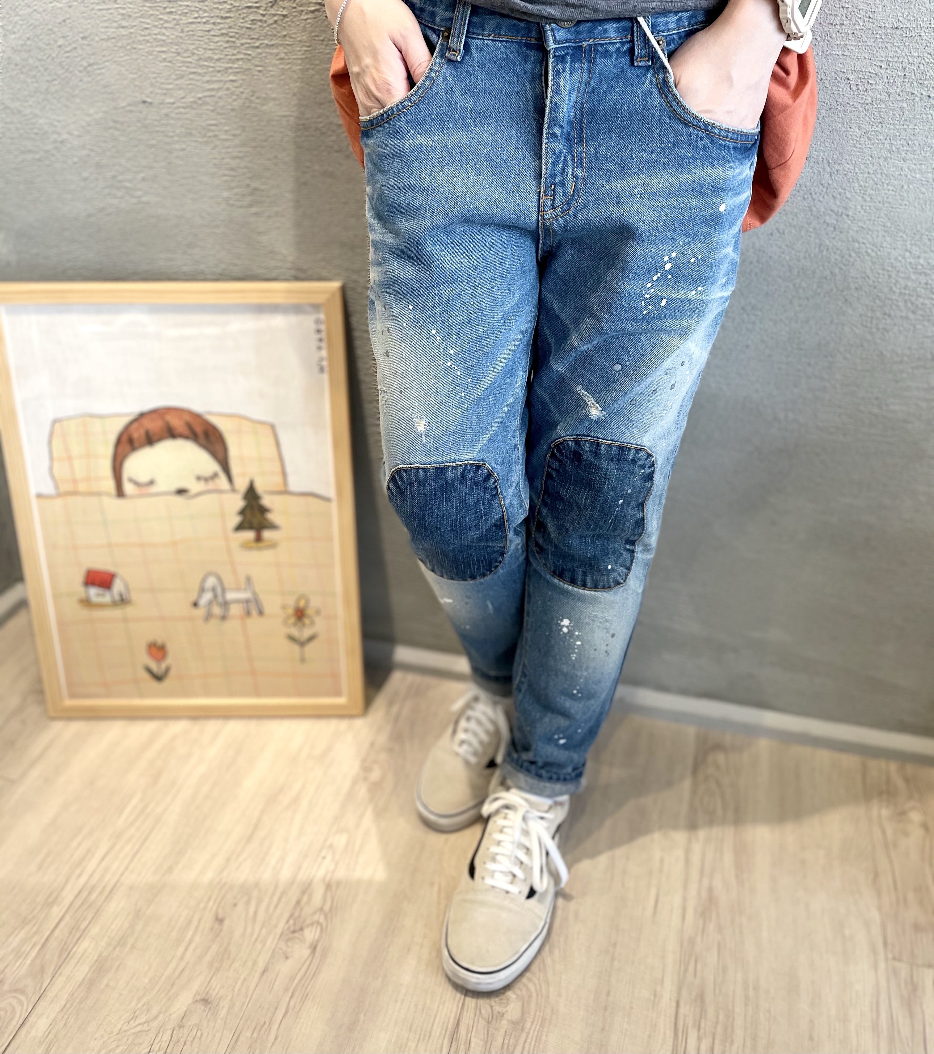 補丁潑漆牛仔長褲