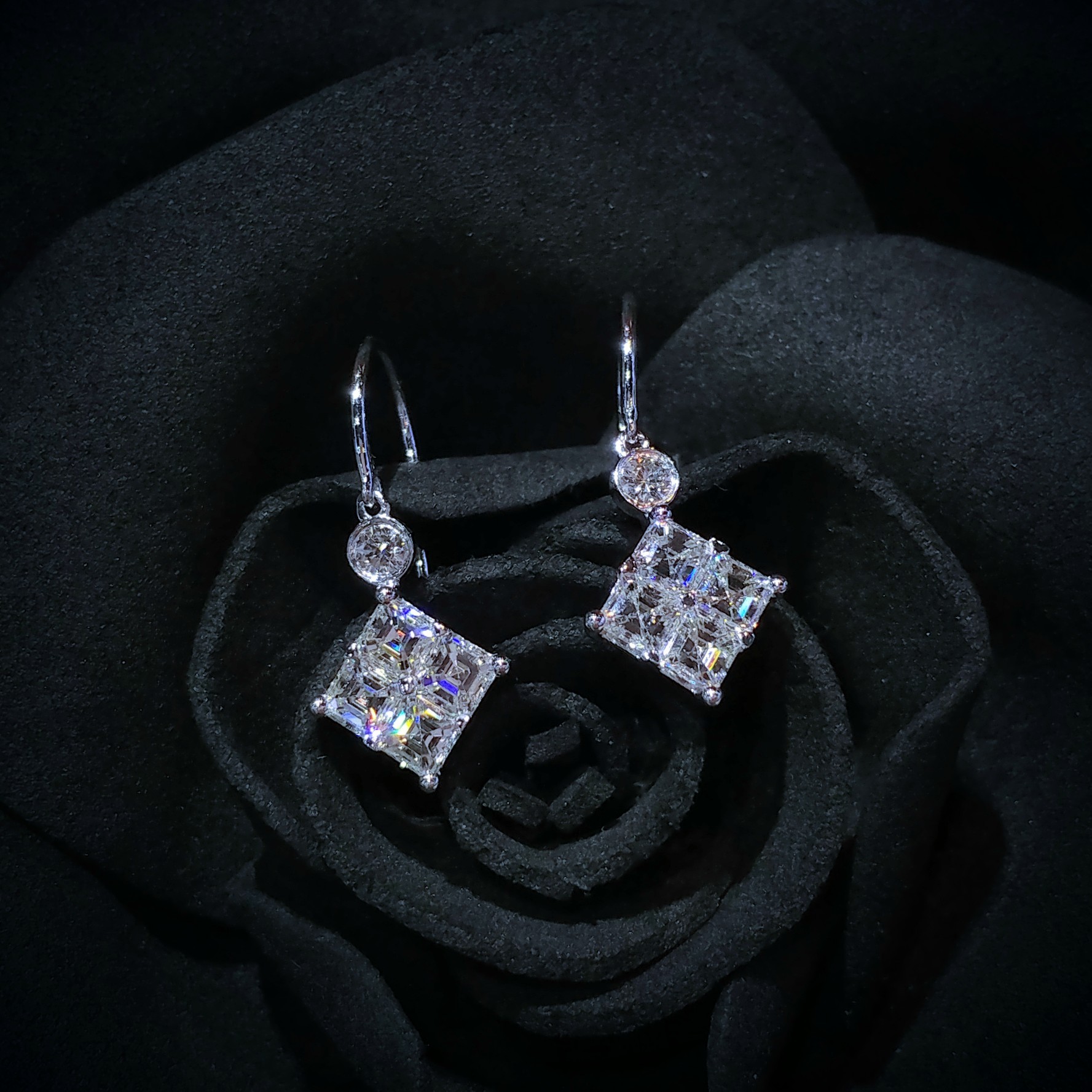 全新18K白金1卡38份方形鑽石吊耳環