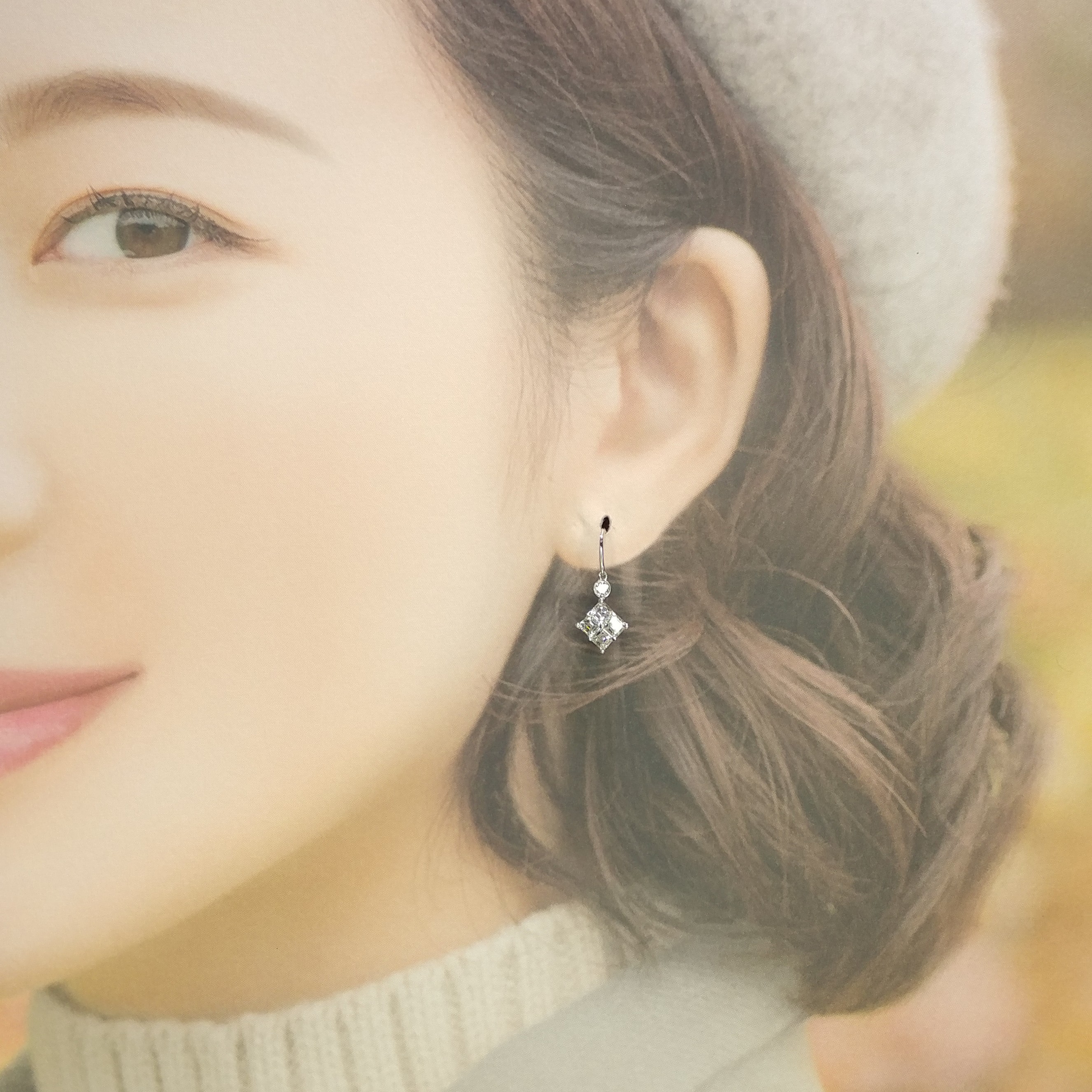 全新18K白金1卡38份方形鑽石吊耳環