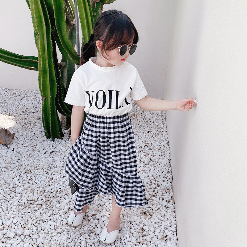 親子款 字母短T+大荷葉邊格子裙 兩件組