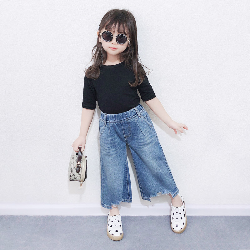 現貨 90cm 下擺刷破直筒九分牛仔寬褲 90-140cm #20002