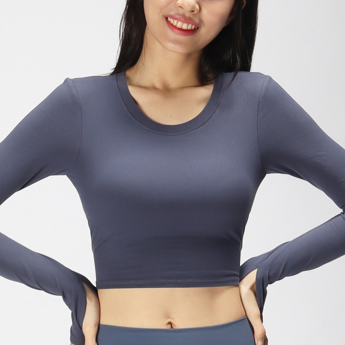 短版背交叉含罩杯套指瑜珈/運動/機能長袖*