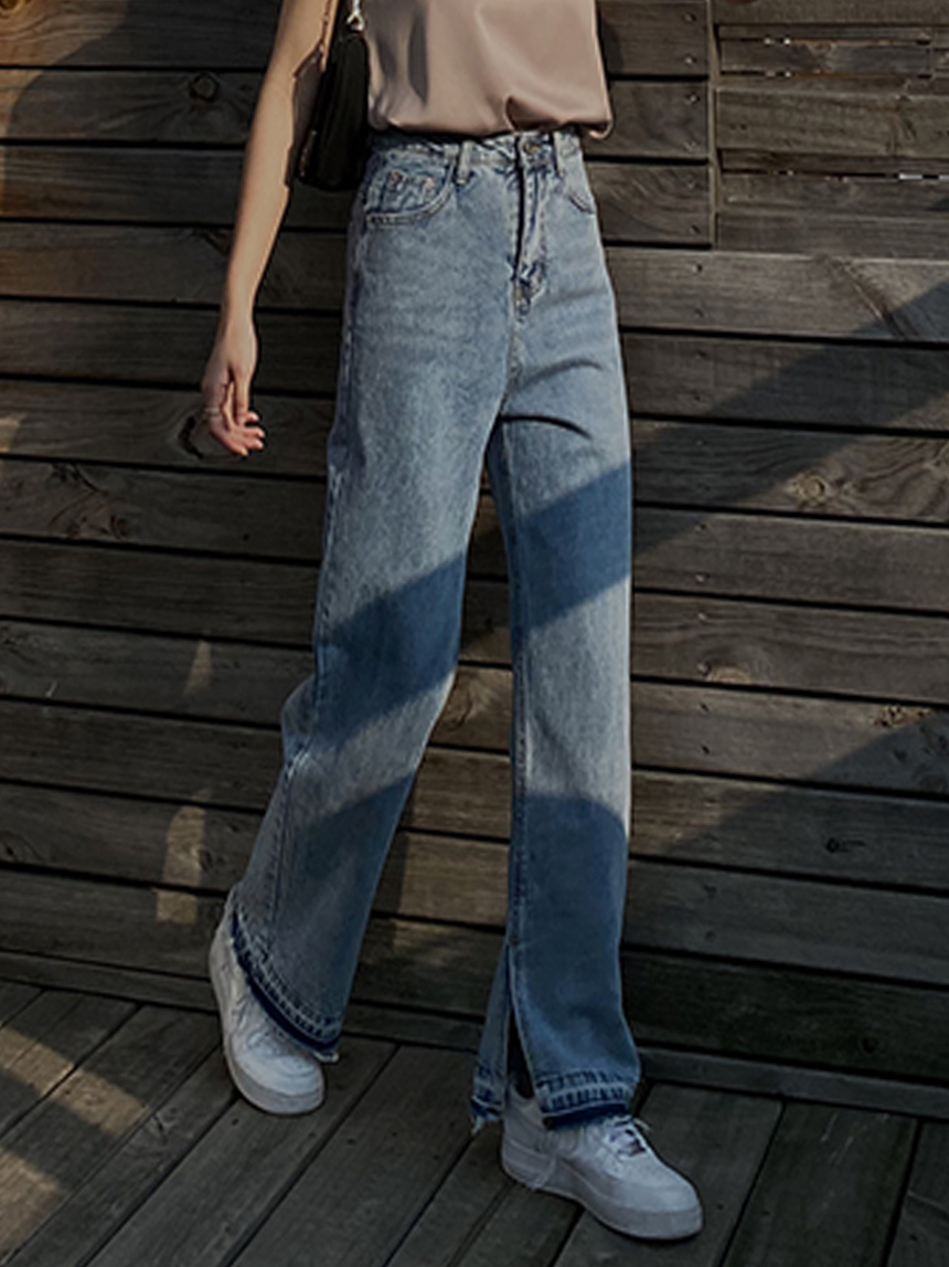 開衩下深藍牛仔寬褲