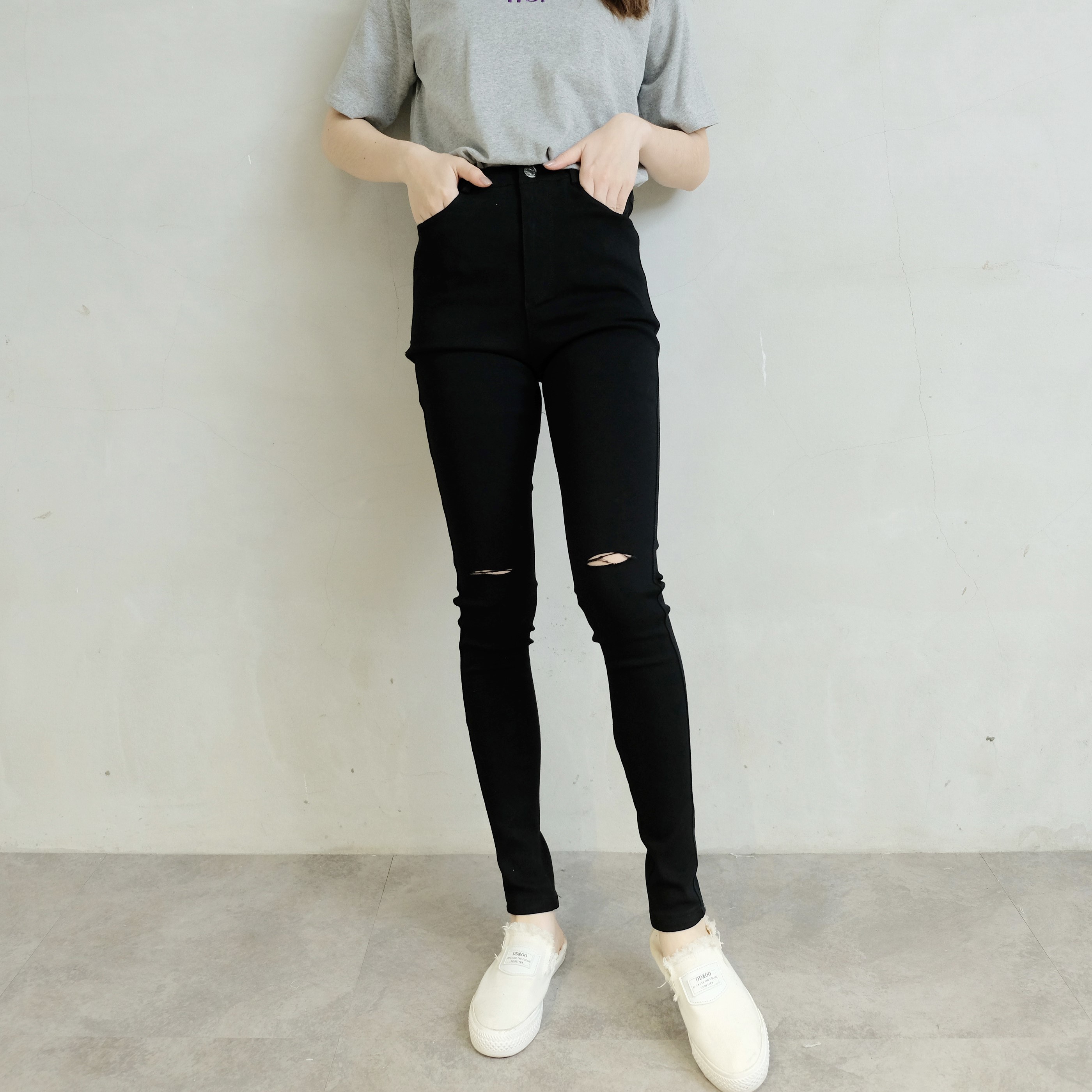 法朵Fado Shop｜膝割破開釦顯瘦褲 279C006 黑 S~XL