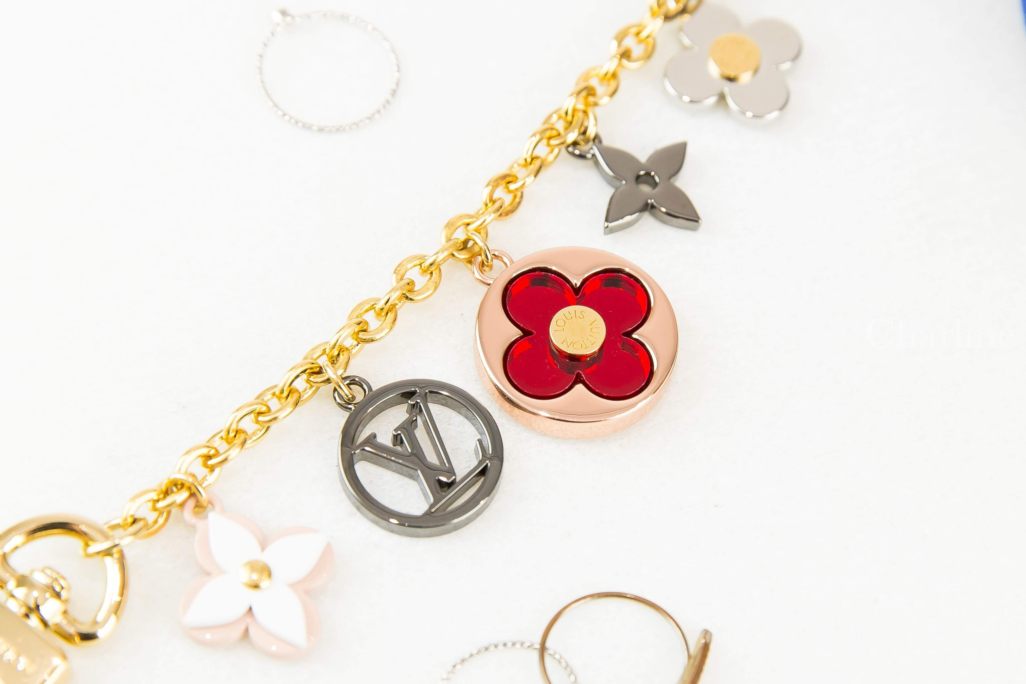 Louis Vuitton Flash Flower Chain Bag Charm 紅色花卉銀 Logo垂墜金鍊鑰匙圈吊飾