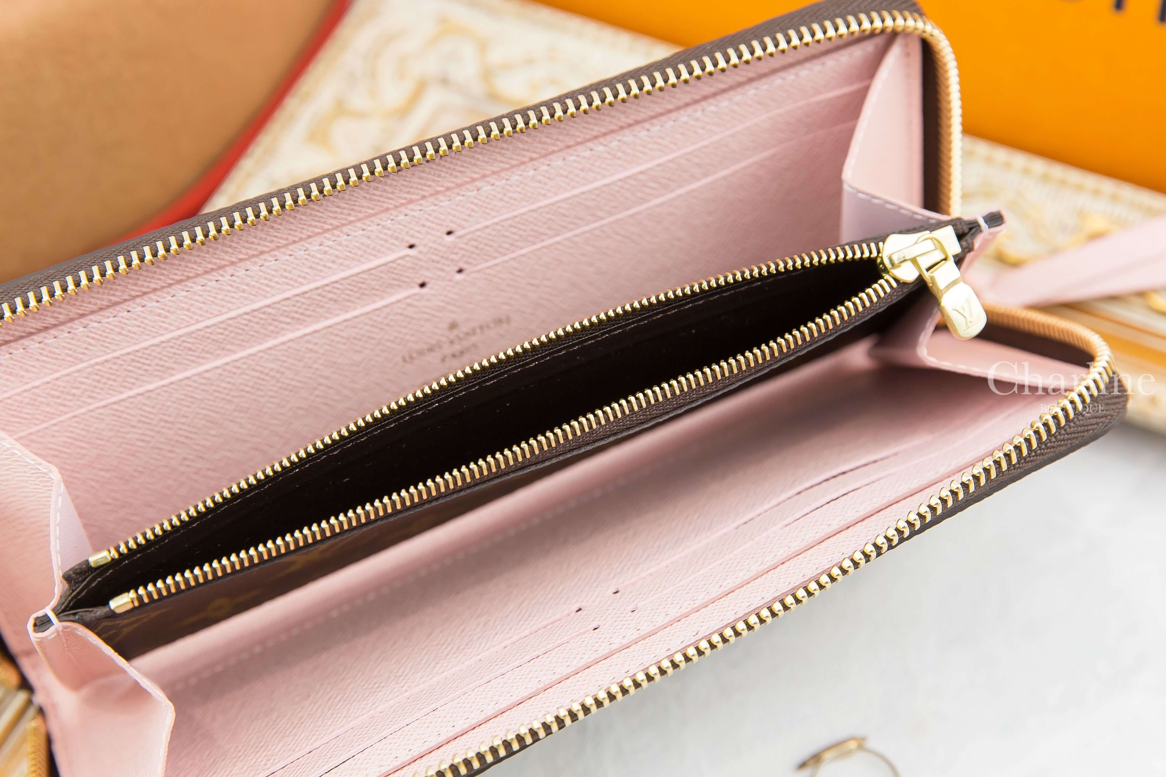 Louis Vuitton Clémence Wallet 咖啡色老花拼玫瑰粉內裡拉鍊長夾-Charline Boutique 精品代購