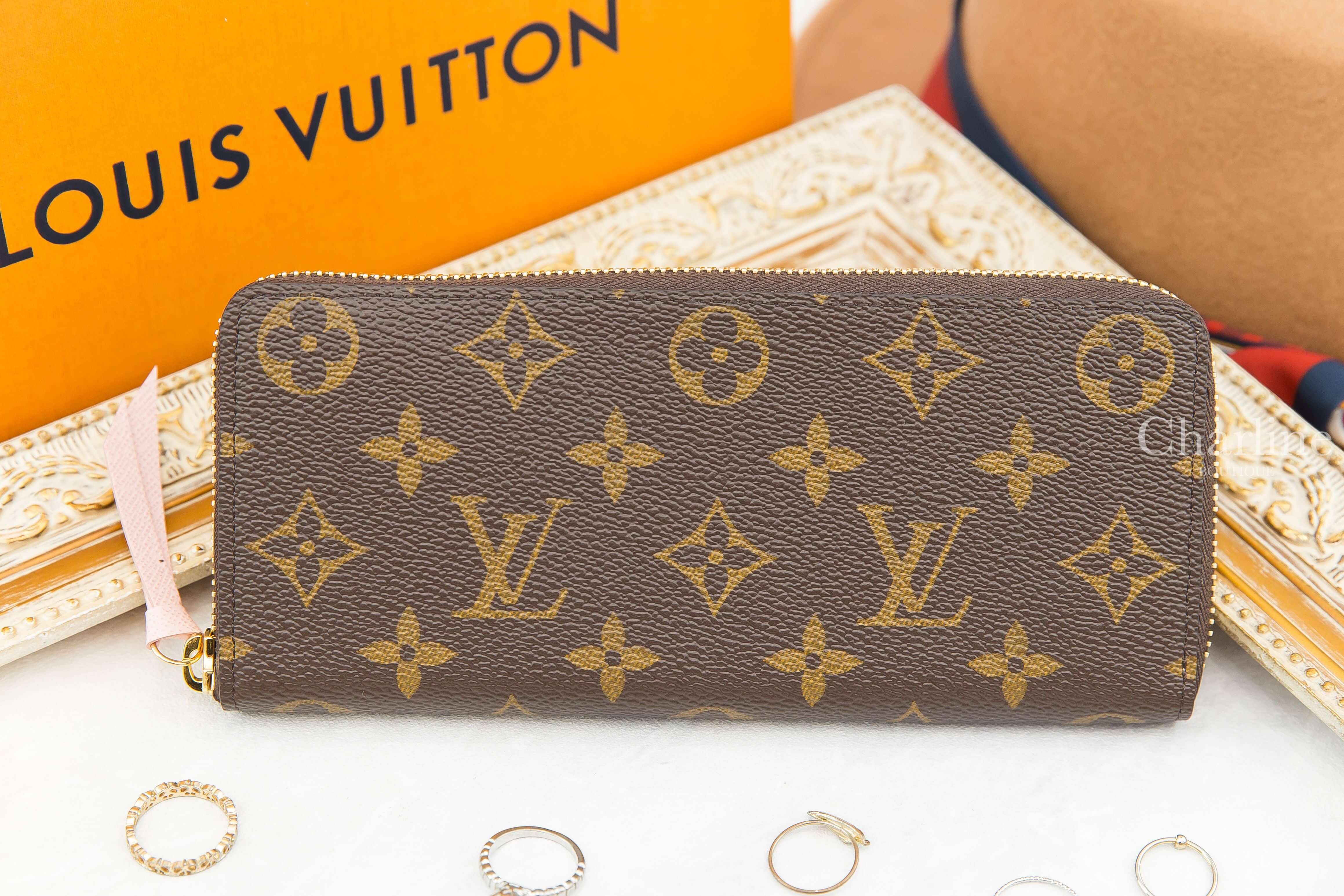 Louis Vuitton Clémence Wallet 咖啡色老花拼玫瑰粉內裡拉鍊長夾-Charline Boutique 精品代購