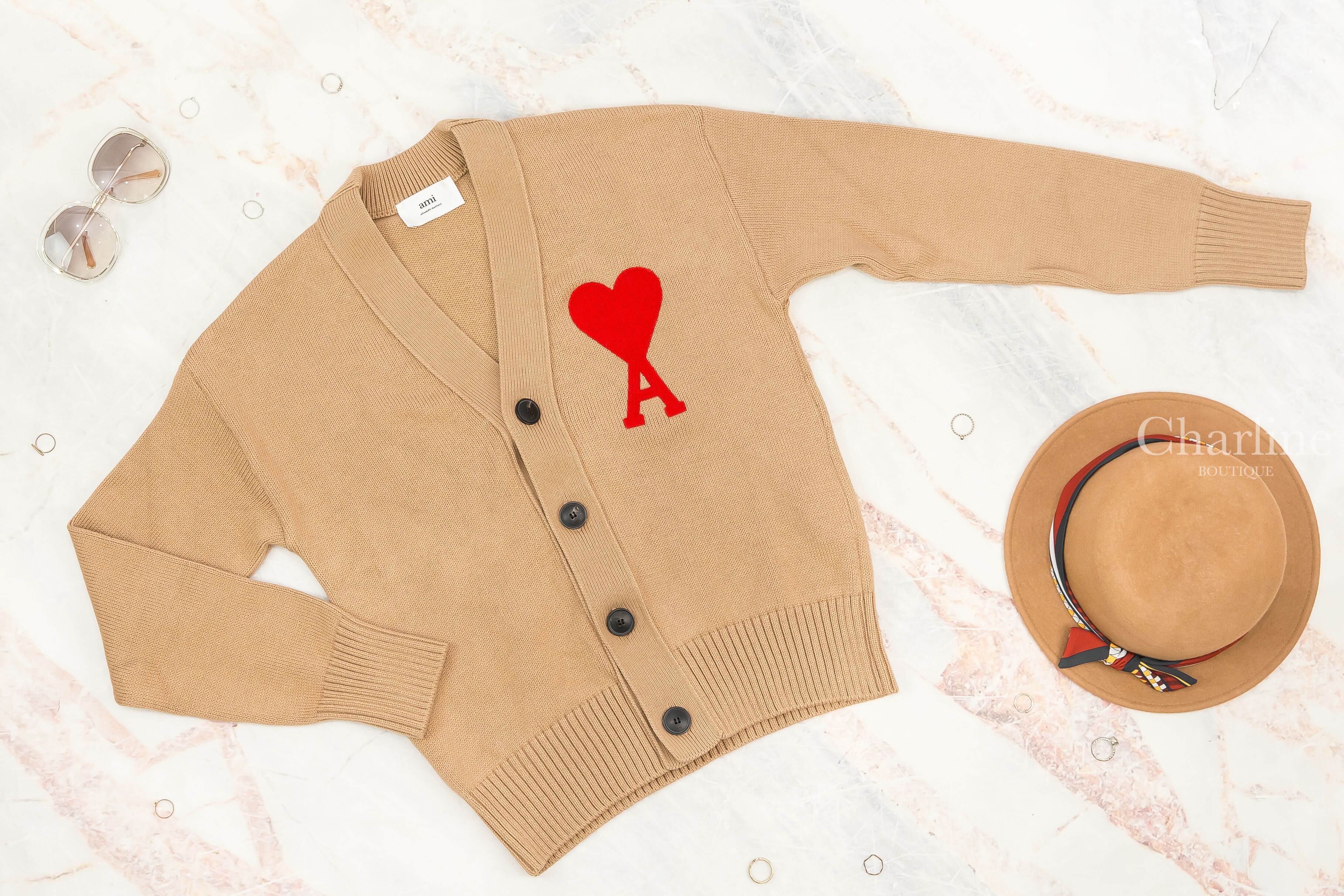 Ami Paris Ami De Coeur Oversize Cardigan 淺褐色紅針織大愛心羊毛混棉寬鬆開襟長袖外套-Charline Boutique 精品代購