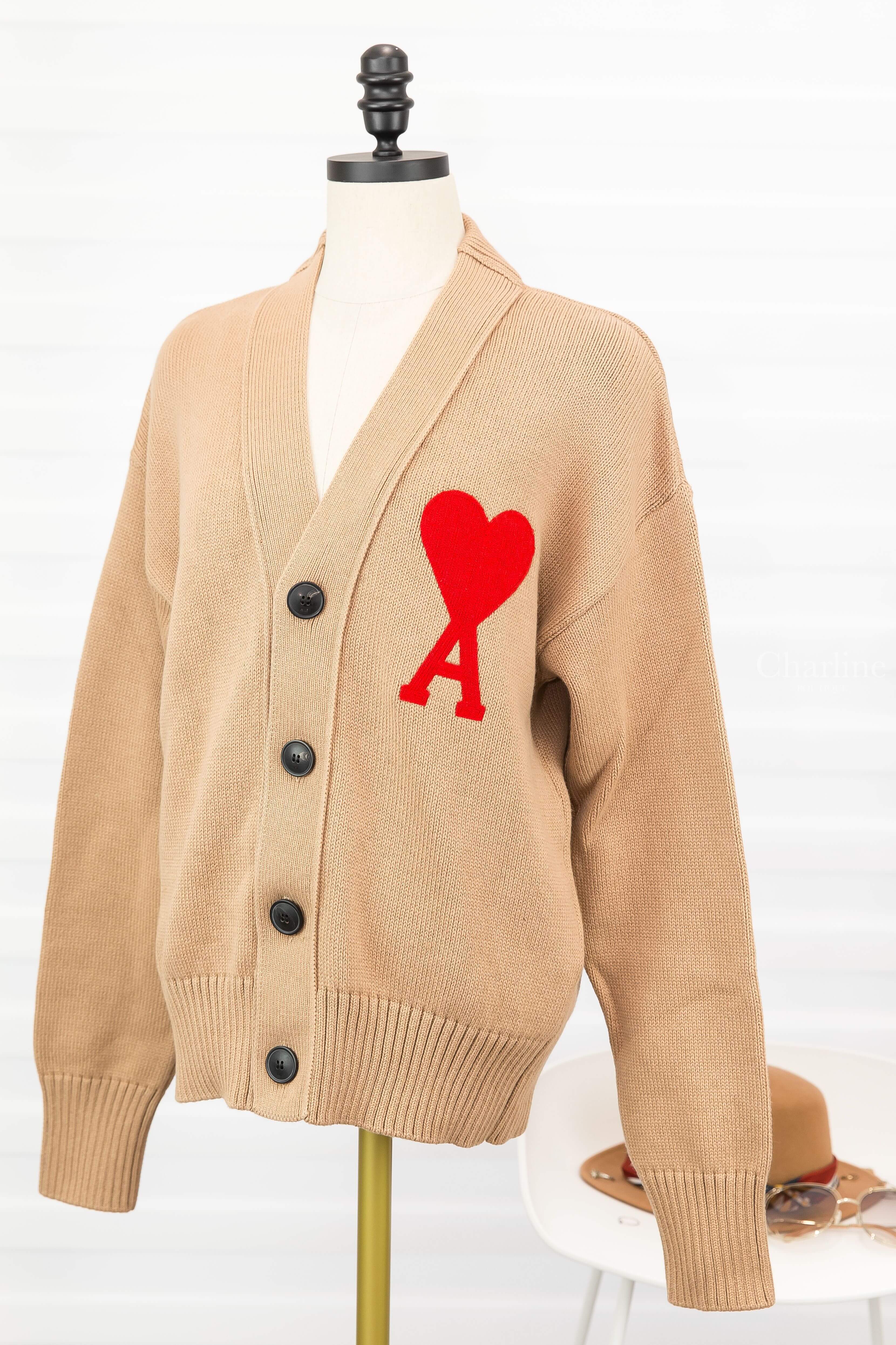 Ami Paris Ami De Coeur Oversize Cardigan 淺褐色紅針織大愛心羊毛混棉寬鬆開襟長袖外套-Charline Boutique 精品代購