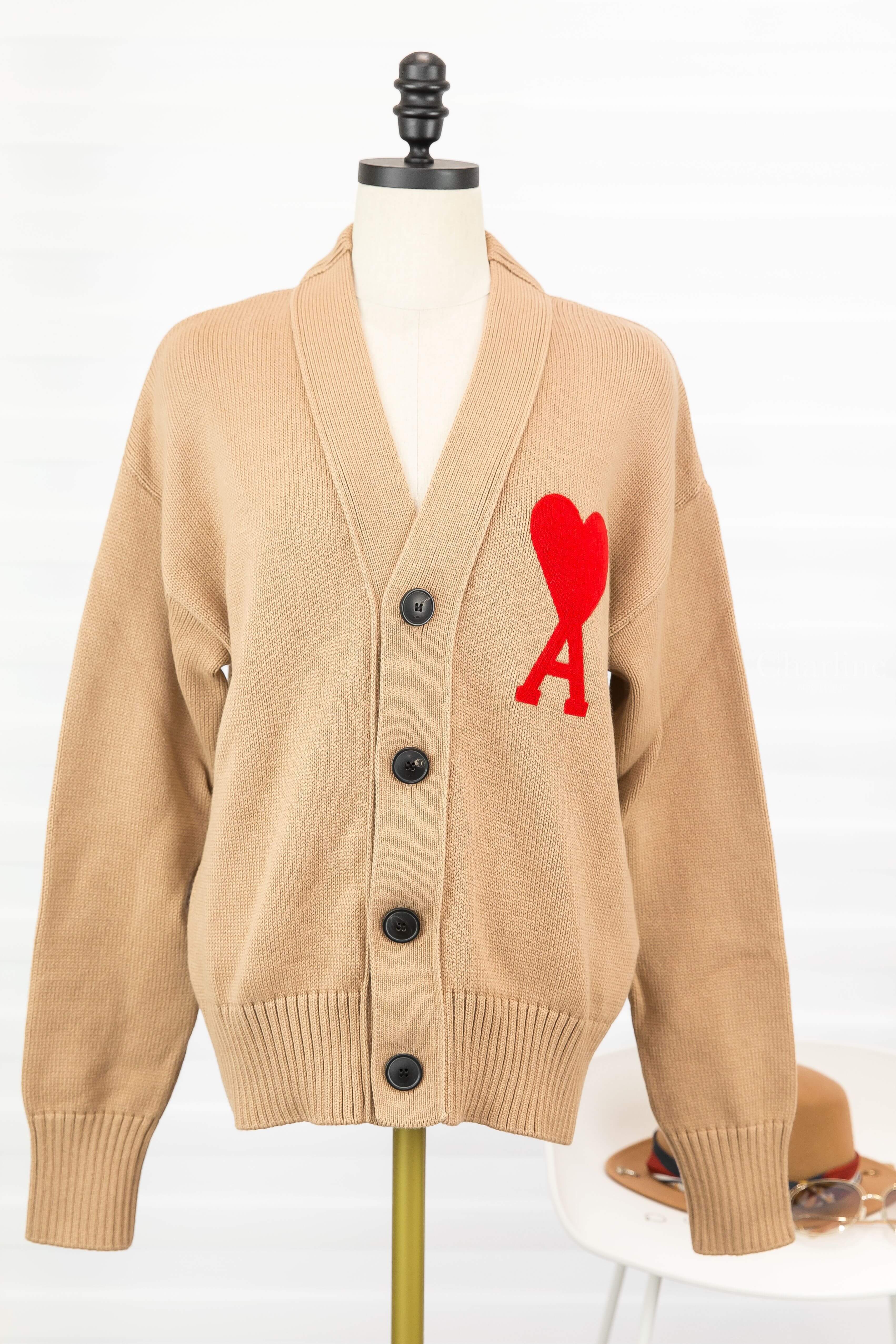 Ami Paris Ami De Coeur Oversize Cardigan 淺褐色紅針織大愛心羊毛混棉寬鬆開襟長袖外套