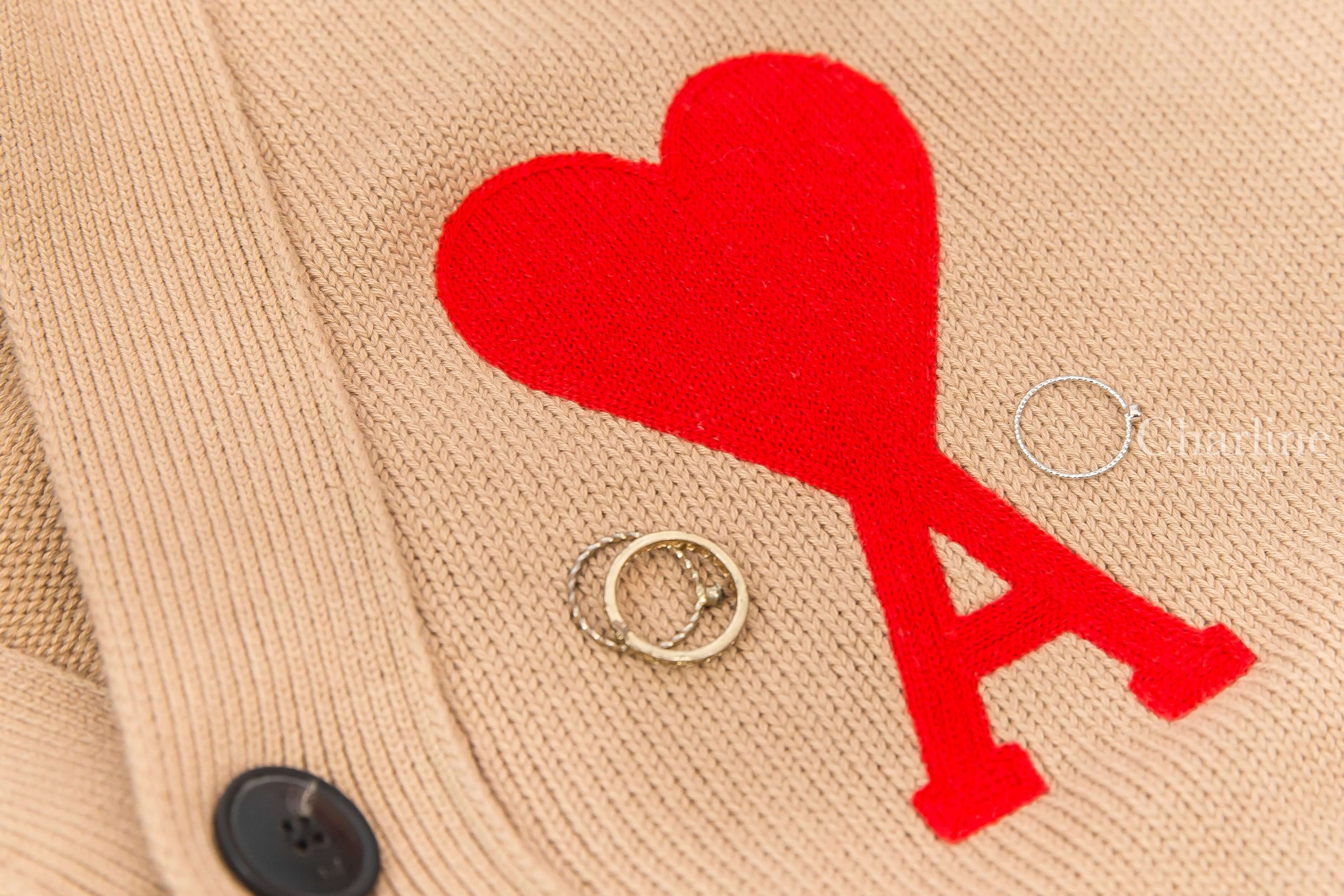 Ami Paris Ami De Coeur Oversize Cardigan 淺褐色紅針織大愛心羊毛混棉寬鬆開襟長袖外套