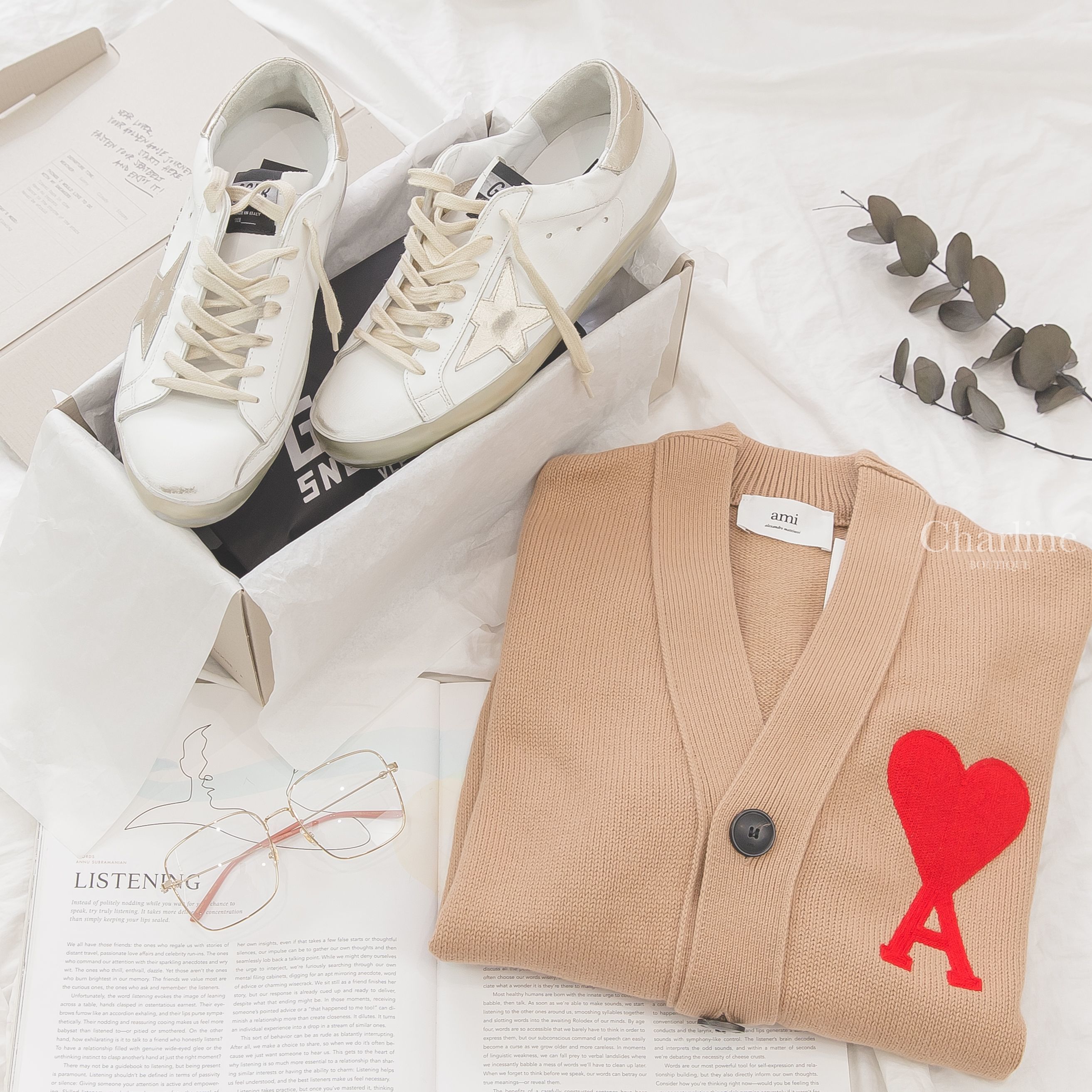 Ami Paris Ami De Coeur Oversize Cardigan 淺褐色紅針織大愛心羊毛混棉寬鬆開襟長袖外套,Gucci Glasses 金色方框粉色鏡腳平光眼鏡-Charline Boutique 精品代購