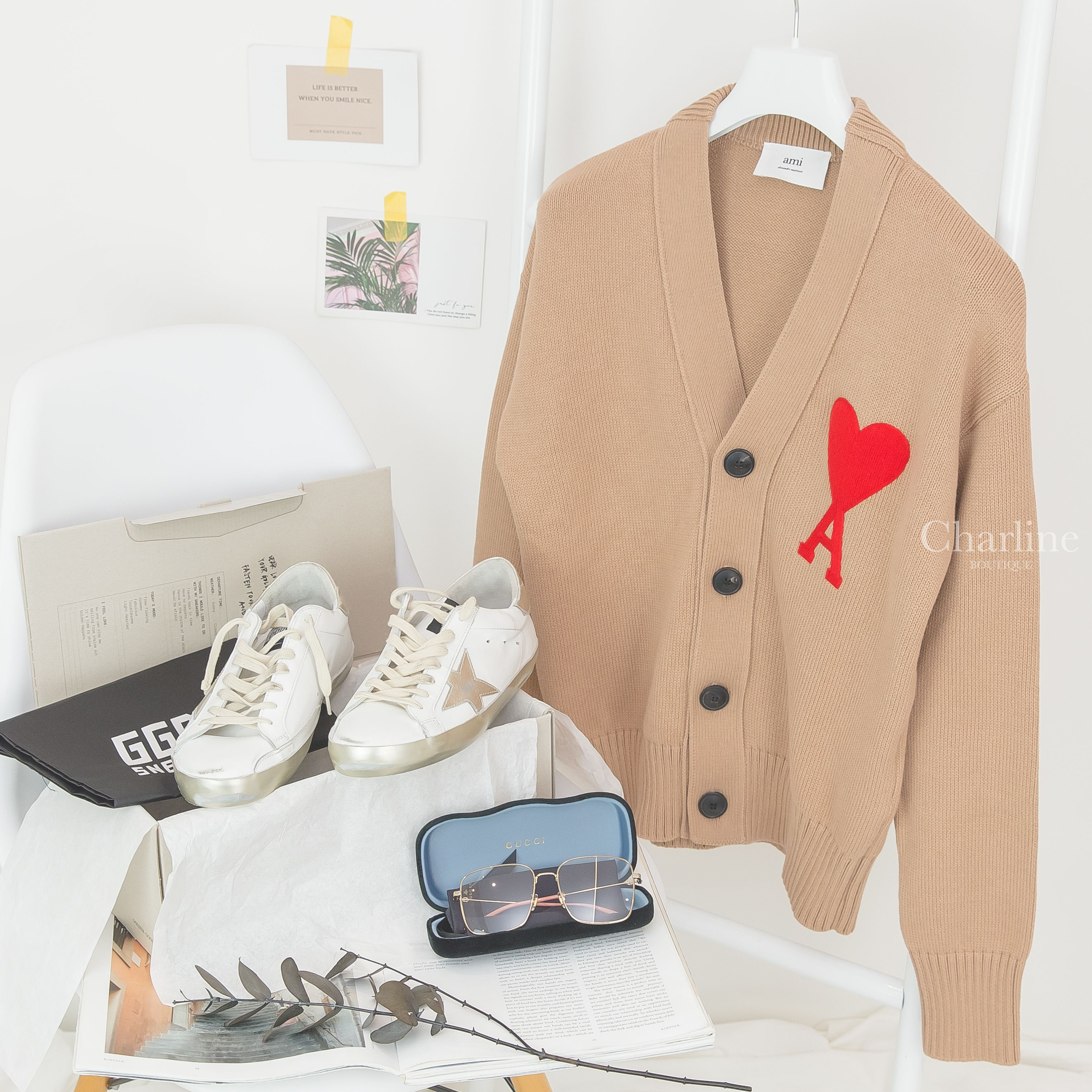 Ami Paris Ami De Coeur Oversize Cardigan 淺褐色紅針織大愛心羊毛混棉寬鬆開襟長袖外套,Gucci Glasses 金色方框粉色鏡腳平光眼鏡-Charline Boutique 精品代購