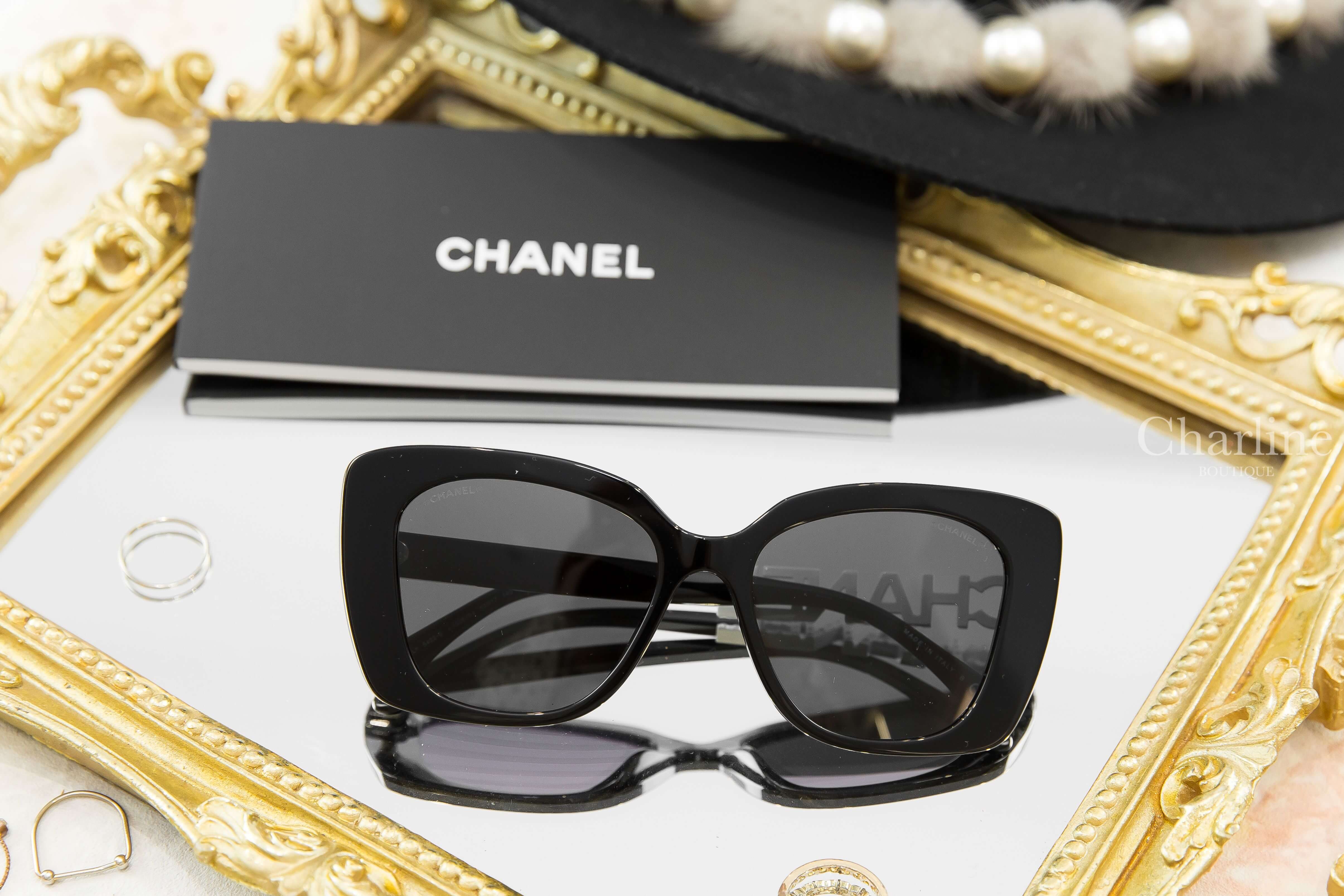 Chanel Square Sunglasses 黑色方框側邊白鑽 Chanel 太陽眼鏡-Charline Boutique 精品代購