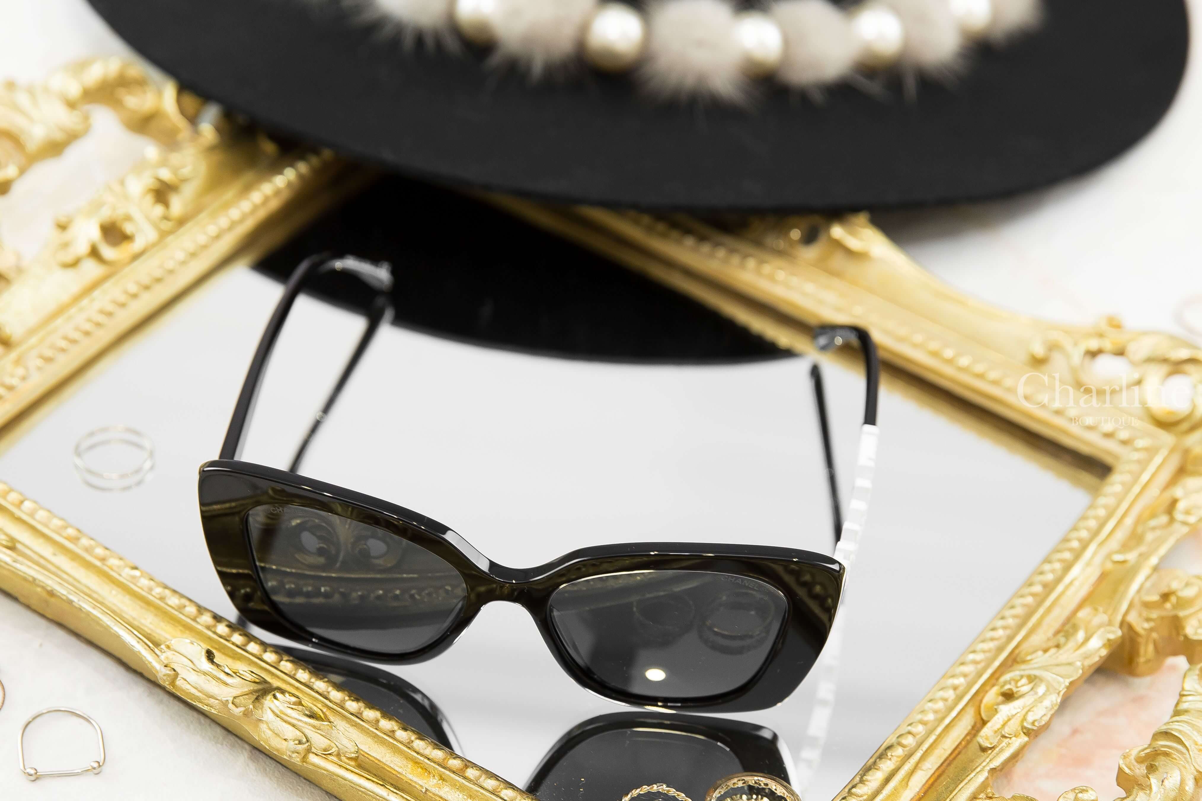Chanel Square Sunglasses 黑色方框側邊白鑽 Chanel 太陽眼鏡-Charline Boutique 精品代購