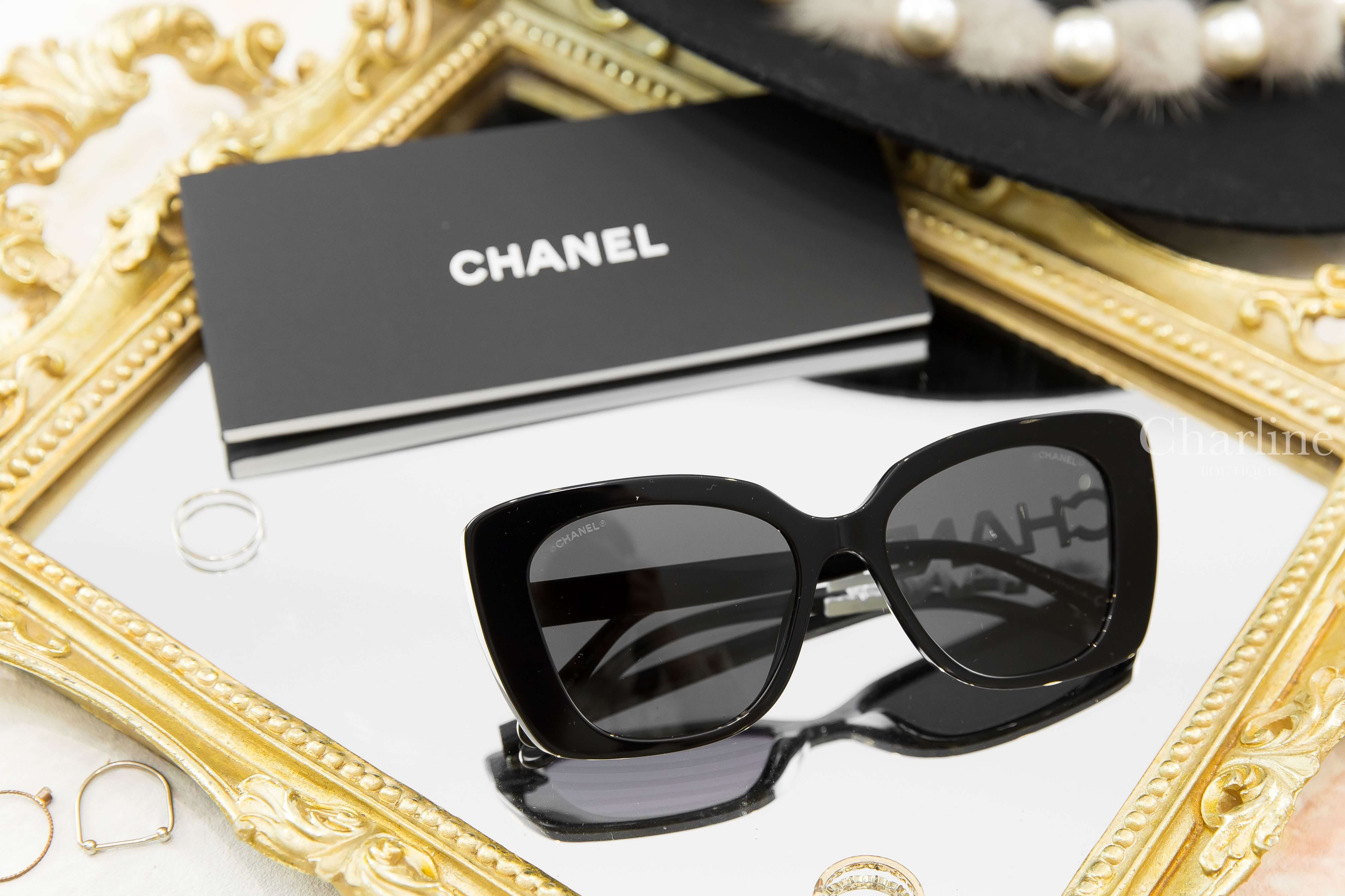 Chanel Square Sunglasses 黑色方框側邊白鑽 Chanel 太陽眼鏡-Charline Boutique 精品代購