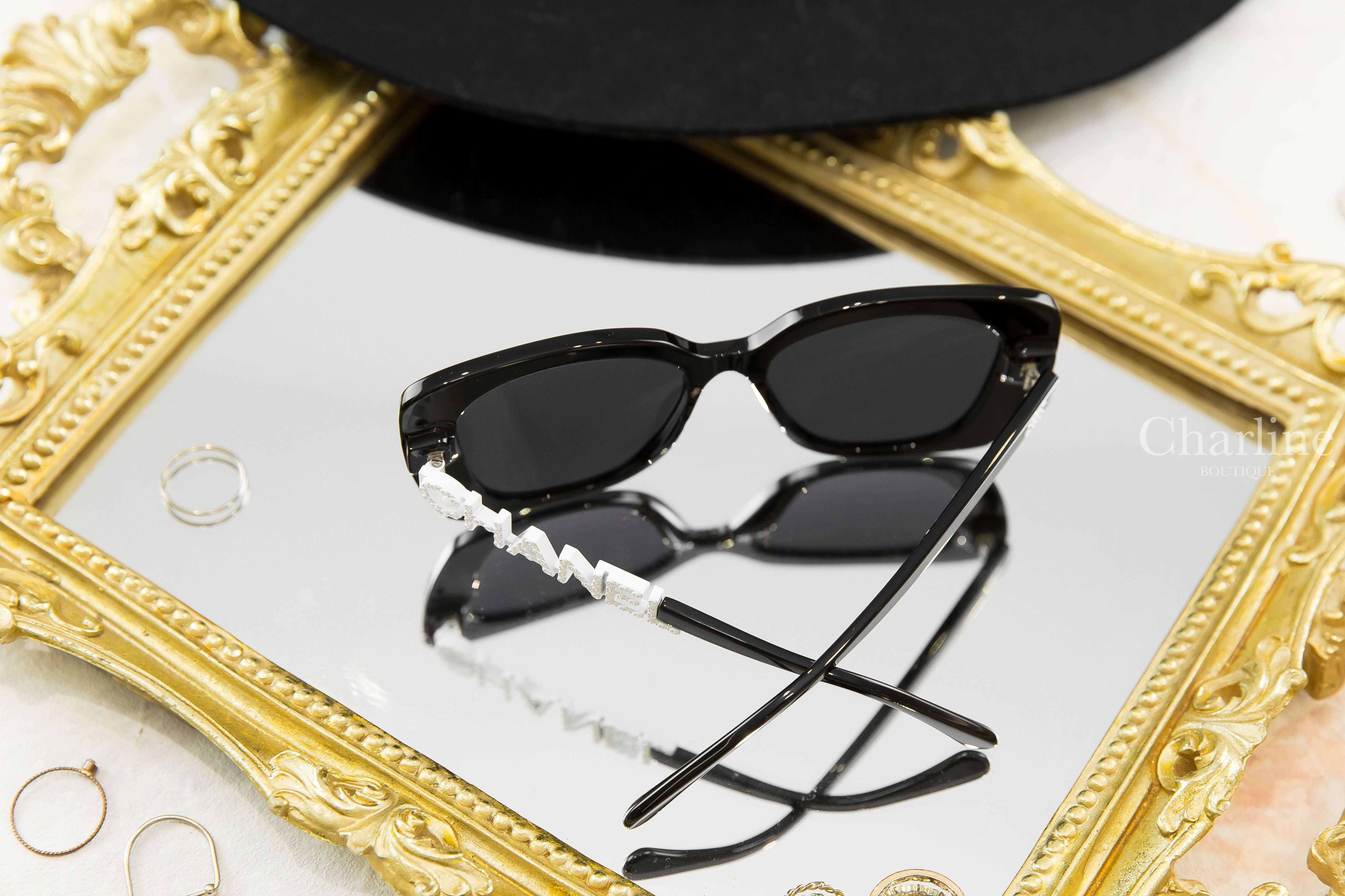 Chanel Square Sunglasses 黑色方框側邊白鑽 Chanel 太陽眼鏡-Charline Boutique 精品代購